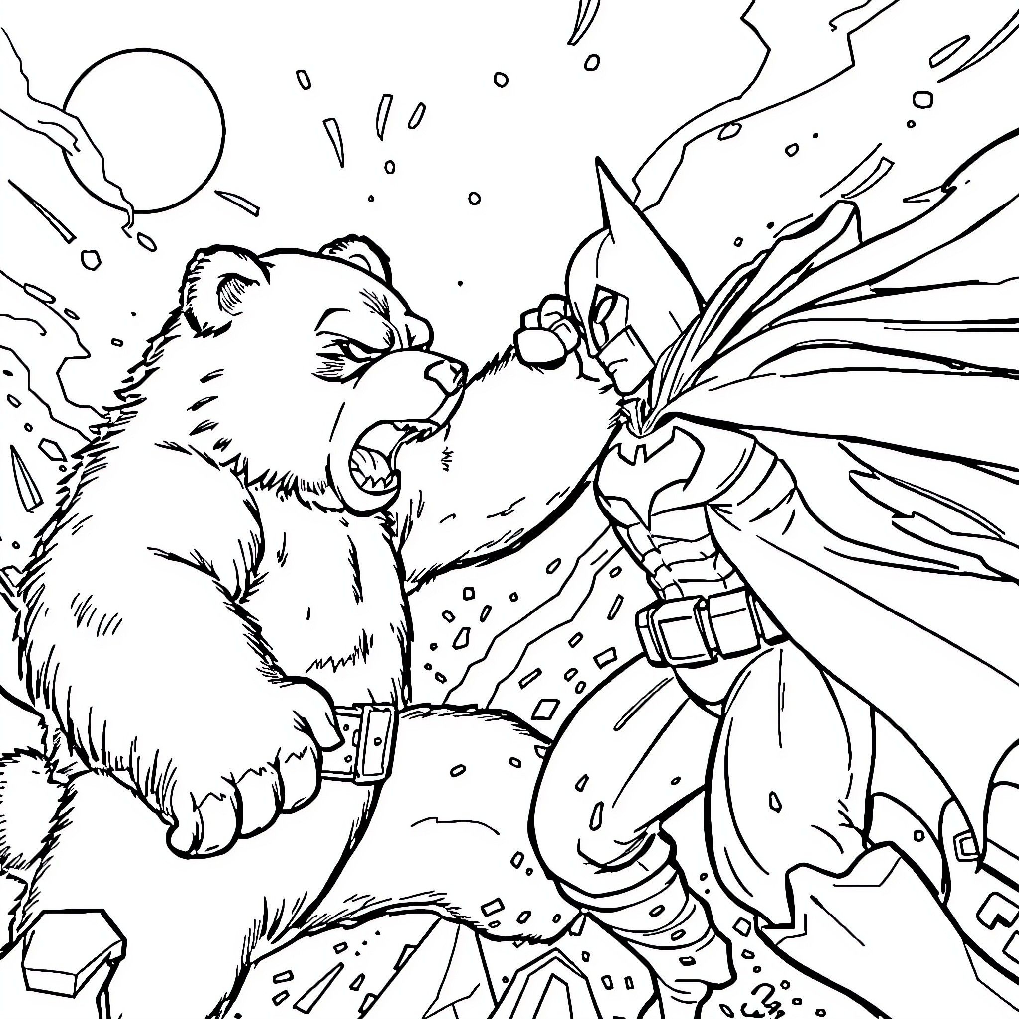 Bear fighting a winged warrior in a fantasy scene Coloring Page (free black-and-white line drawing printable PDF for all, from beginners to advanced learners, including children, teens, adults, and seniors)