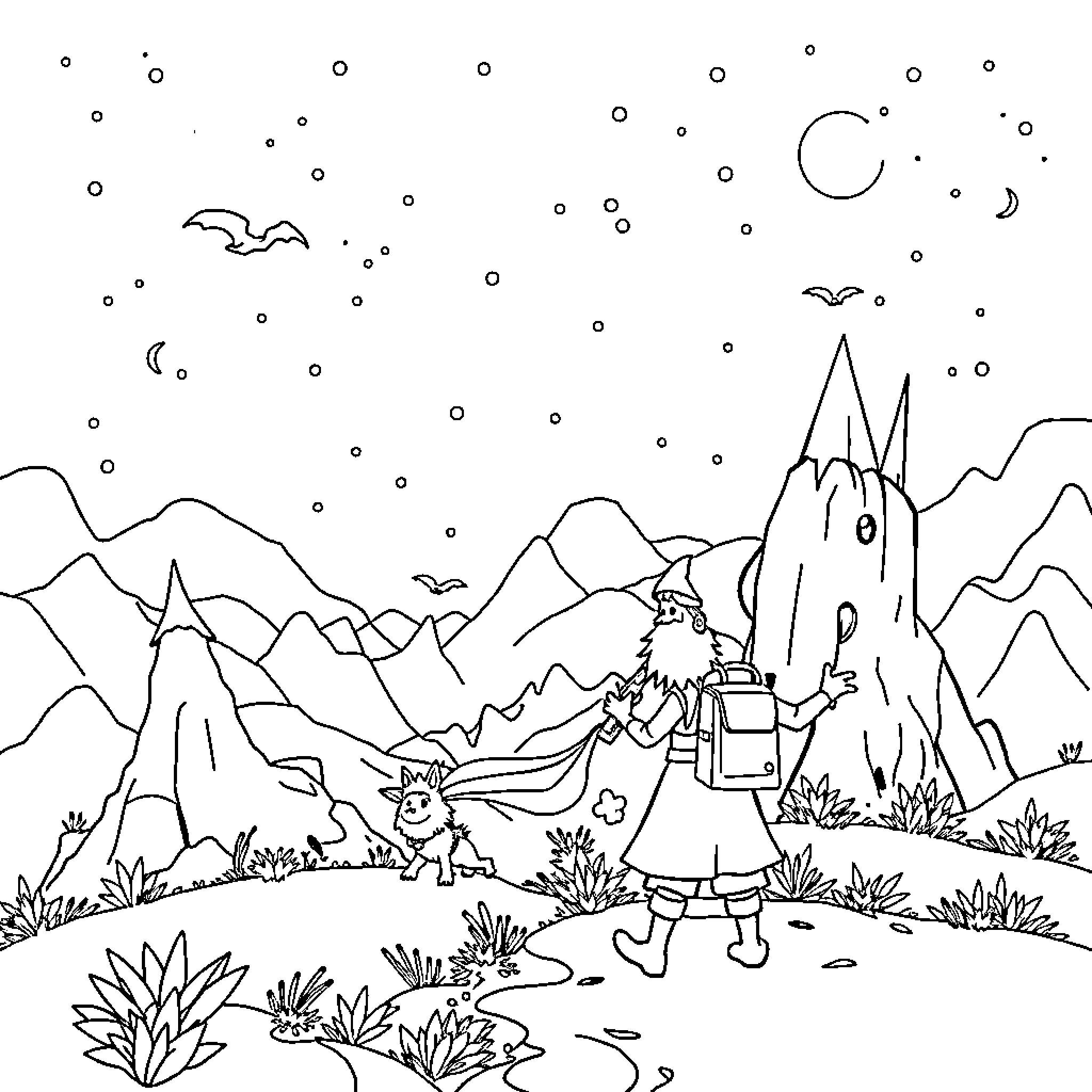 Adventure Time Exploring the Enchanted Wilderness Coloring Page (free black-and-white line drawing printable PDF for all, from beginners to advanced learners, including children, teens, adults, and seniors)