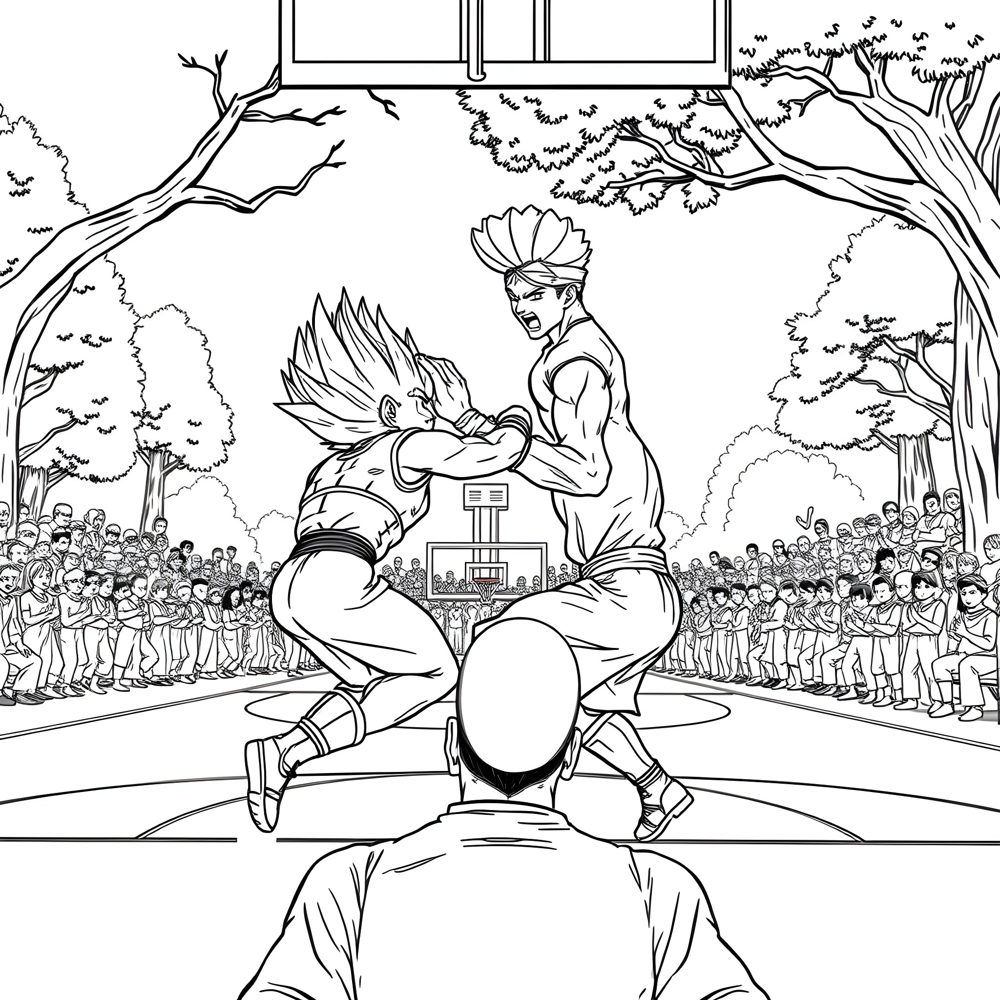 Vegeta's Triumphant Martial Arts Performance Coloring Page (free black-and-white line drawing printable PDF for all, from beginners to advanced learners, including children, teens, adults, and seniors)