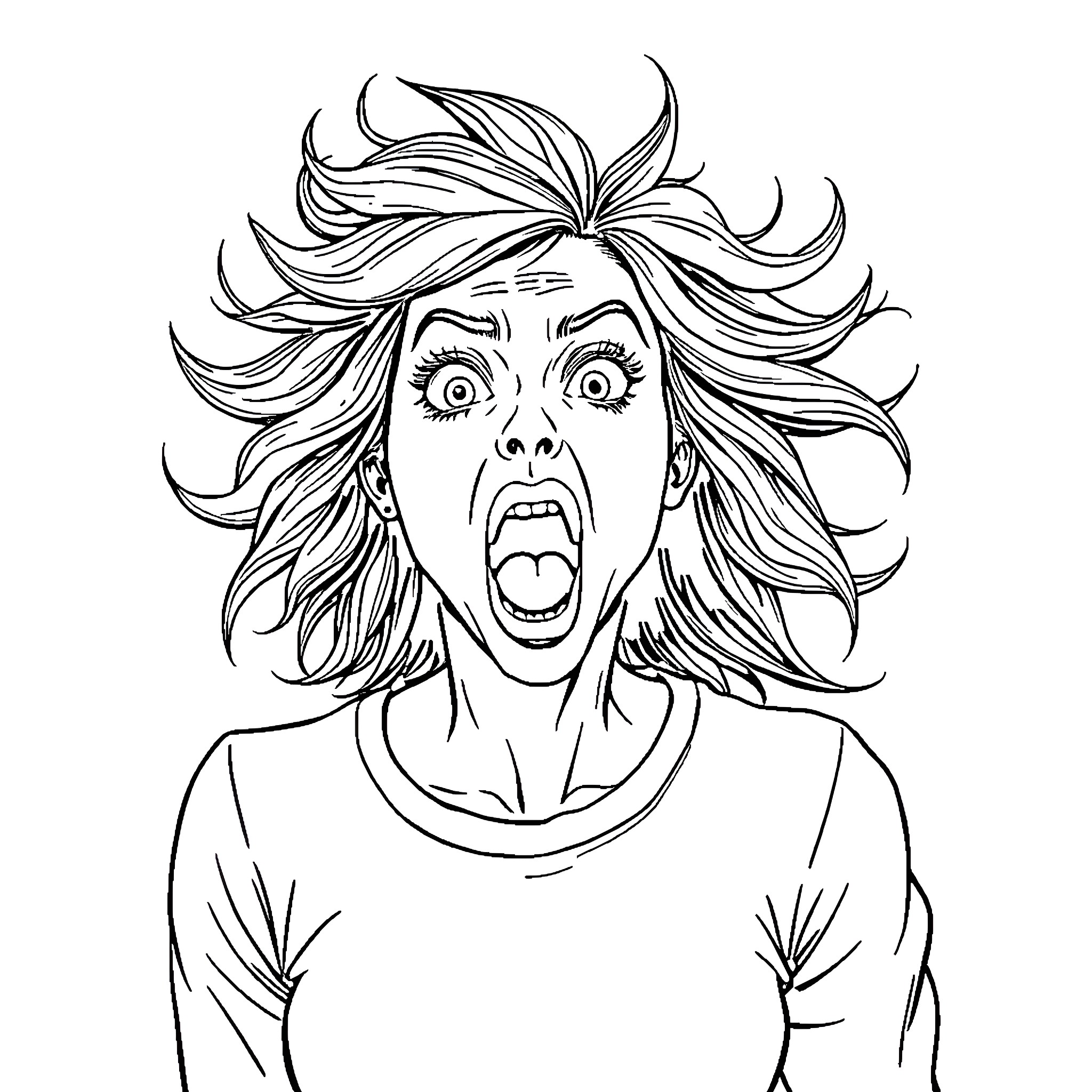 Woman expressing shocked and surprised facial expression Coloring Page (free black-and-white line drawing printable PDF for all, from beginners to advanced learners, including children, teens, adults, and seniors)