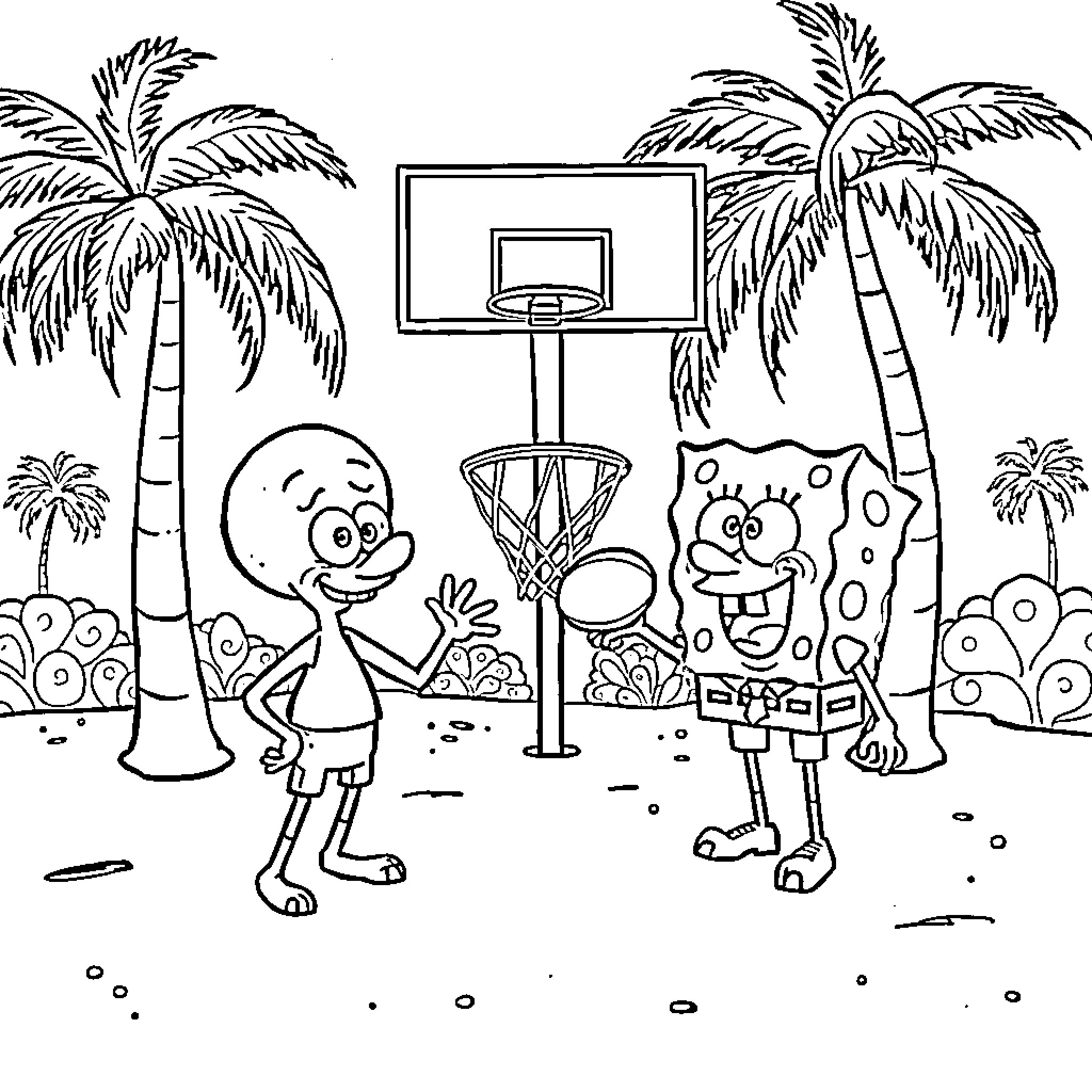 Spongebob and friends playing basketball in the tropics Coloring Page (free black-and-white line drawing printable PDF for all, from beginners to advanced learners, including children, teens, adults, and seniors)