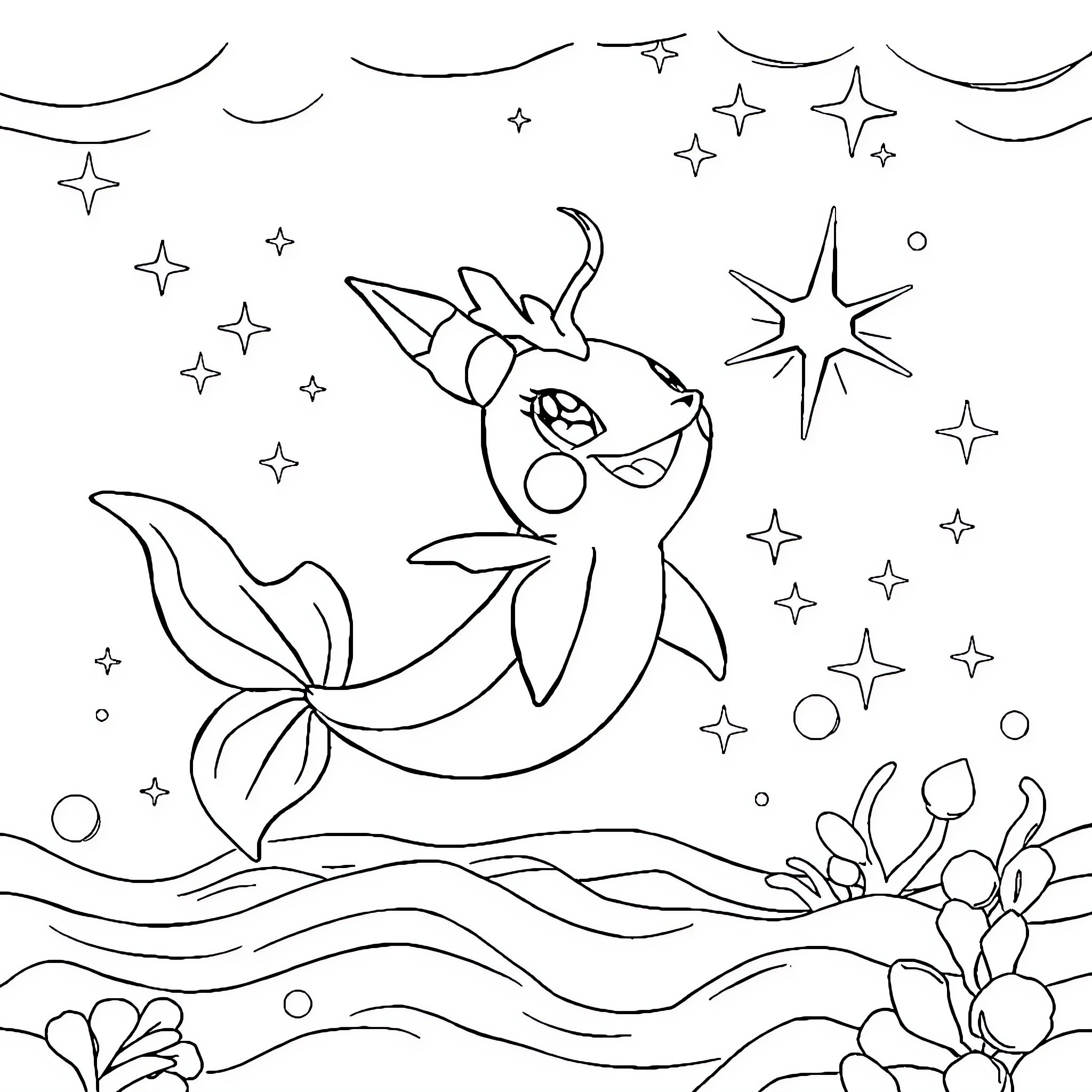 Evoli's Whimsical Underwater Adventure Coloring Page (free black-and-white line drawing printable PDF for all, from beginners to advanced learners, including children, teens, adults, and seniors)