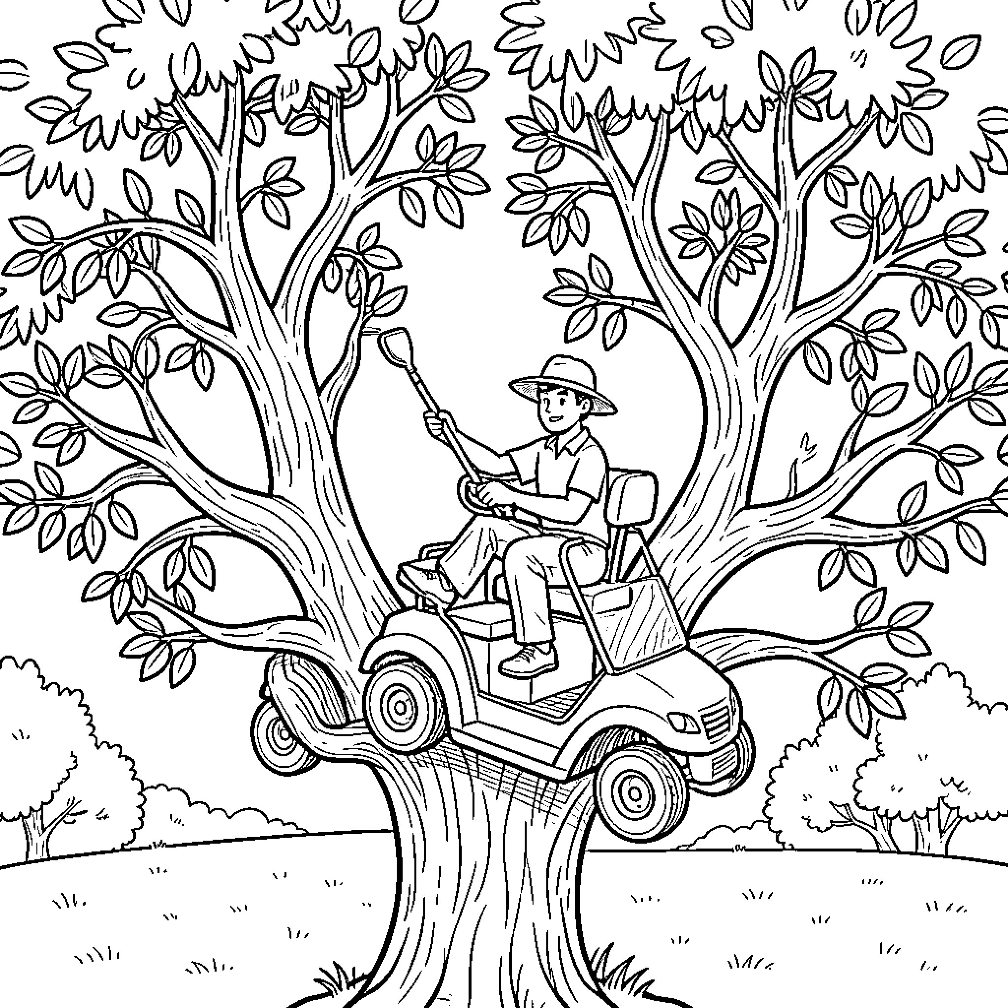 Golf Cart driven by a man in a tree Coloring Page (free black-and-white line drawing printable PDF for all, from beginners to advanced learners, including children, teens, adults, and seniors)