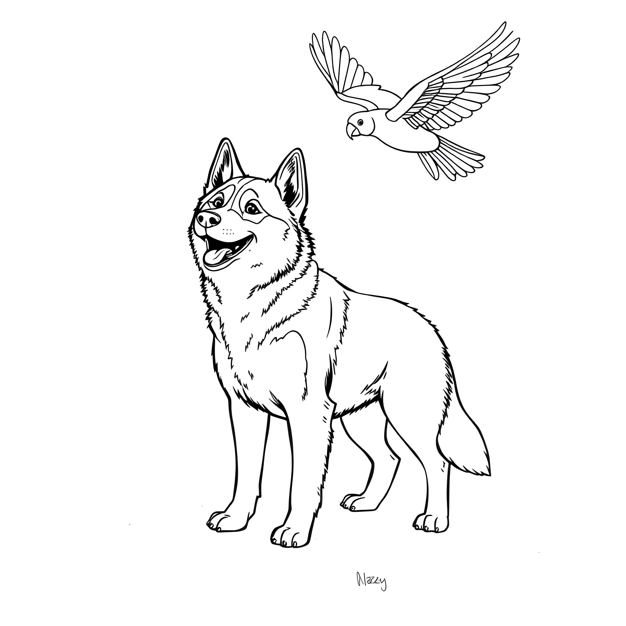 Husky dog looking at a flying bird Coloring Page (free black-and-white line drawing printable PDF for all, from beginners to advanced learners, including children, teens, adults, and seniors)
