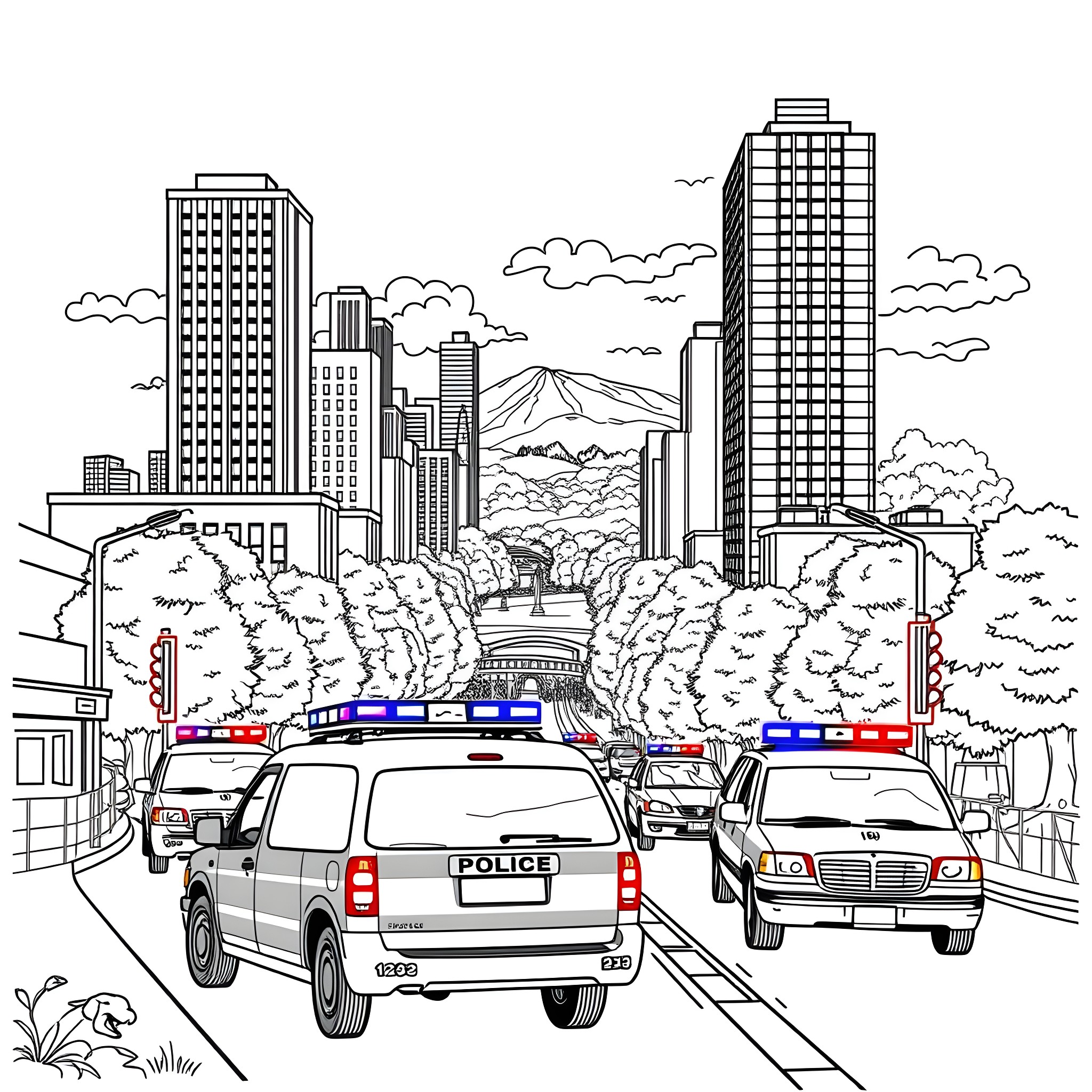 Police Cars Responding to Emergency in the City Coloring Page (free black-and-white line drawing printable PDF for all, from beginners to advanced learners, including children, teens, adults, and seniors)