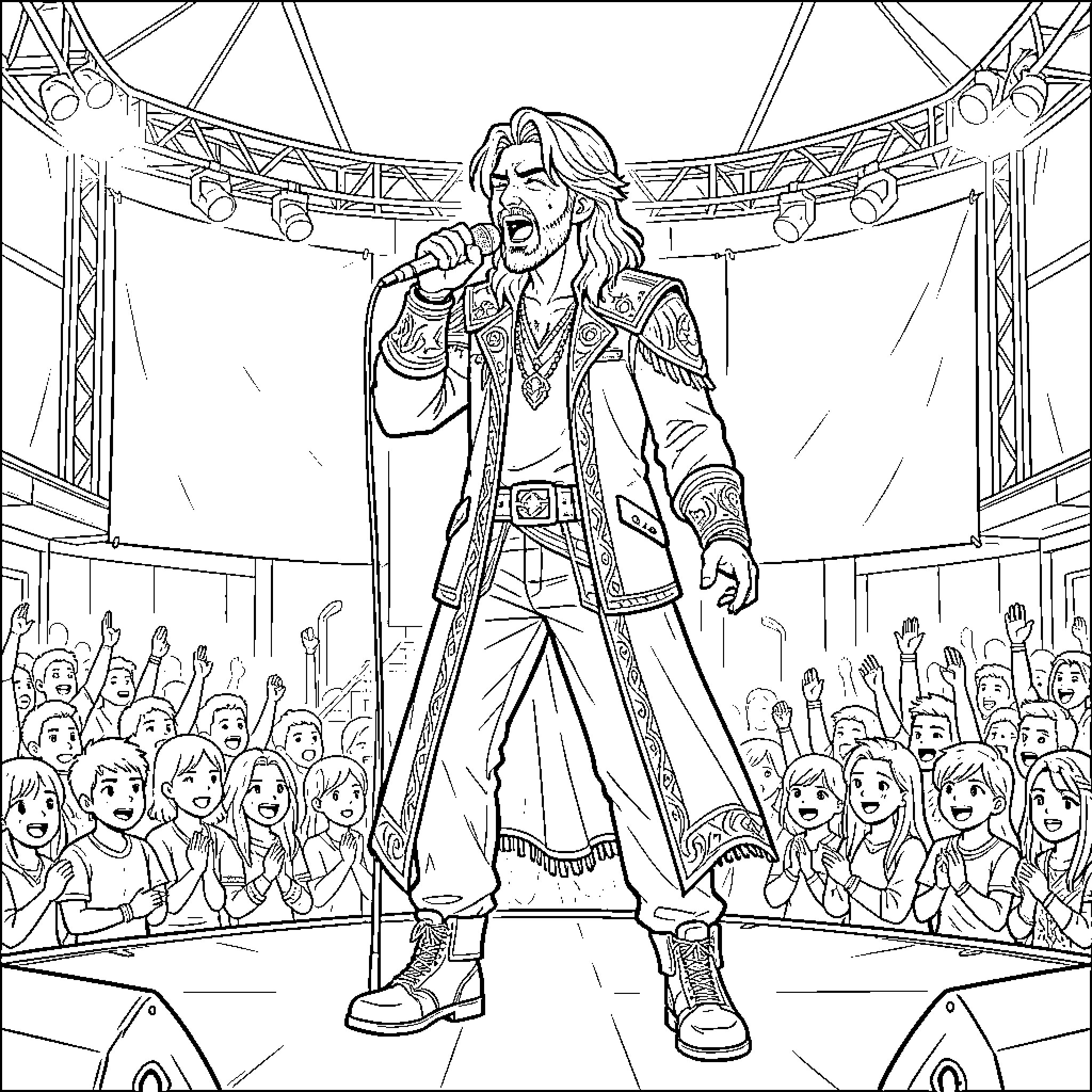 Rumi singing passionately on stage for an excited crowd Coloring Page (free black-and-white line drawing printable PDF for all, from beginners to advanced learners, including children, teens, adults, and seniors)