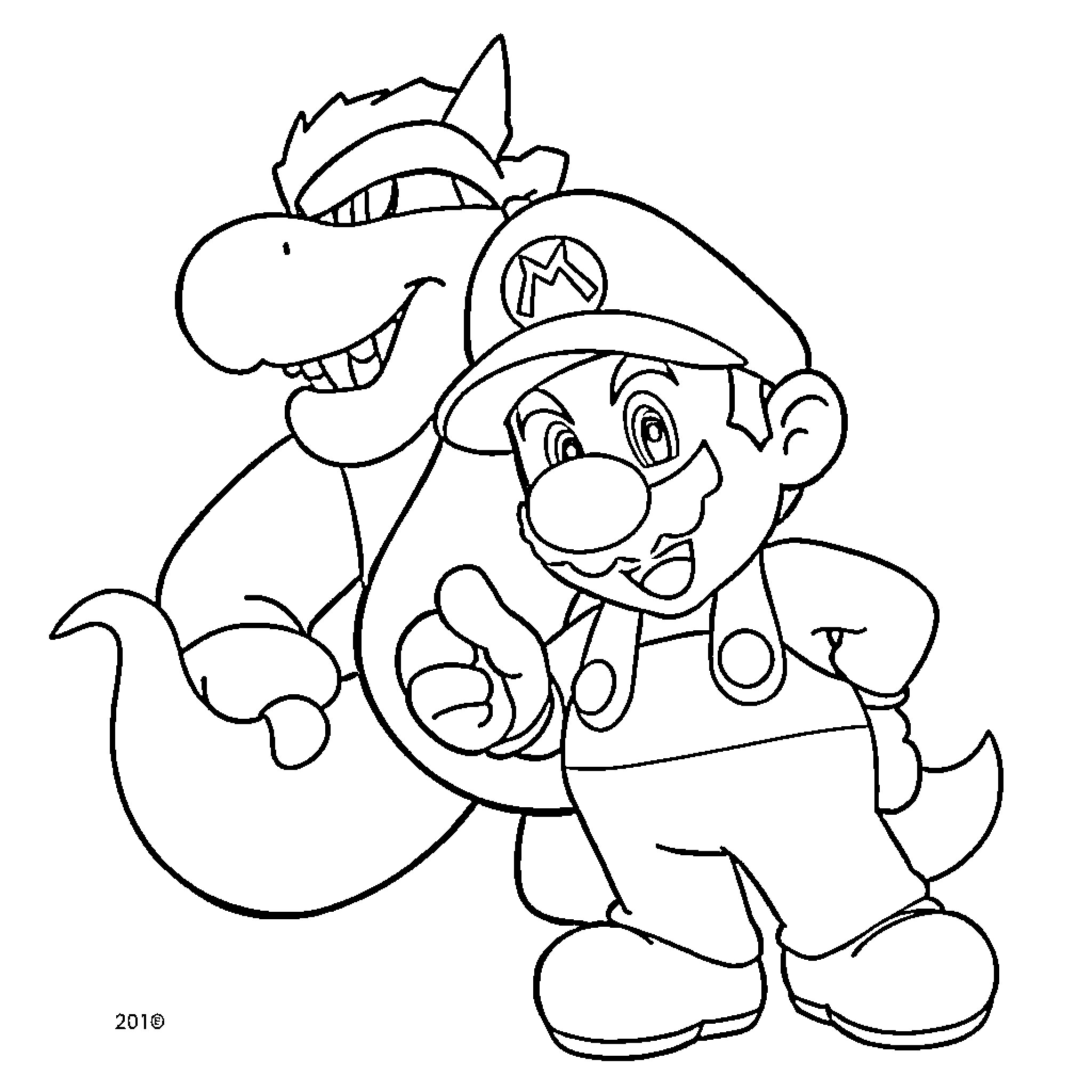 Mario and His Friendly Dragon Coloring Page (free black-and-white line drawing printable PDF for all, from beginners to advanced learners, including children, teens, adults, and seniors)