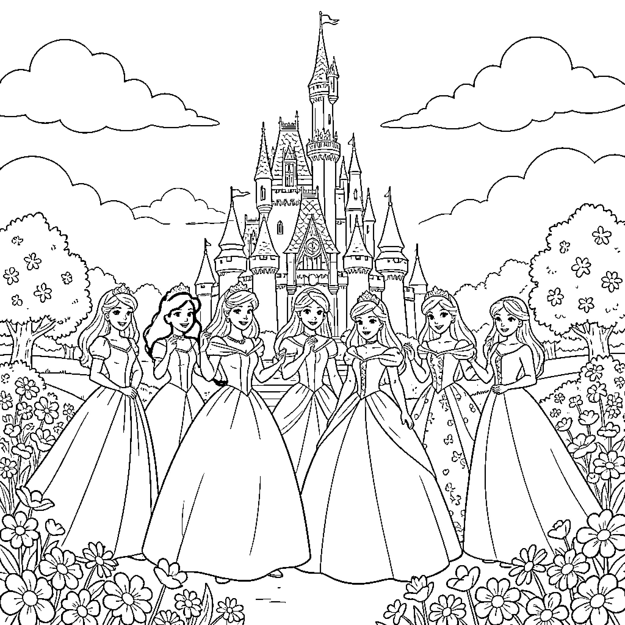 Disney Princess group photo in front of castle Coloring Page (free black-and-white line drawing printable PDF for all, from beginners to advanced learners, including children, teens, adults, and seniors)