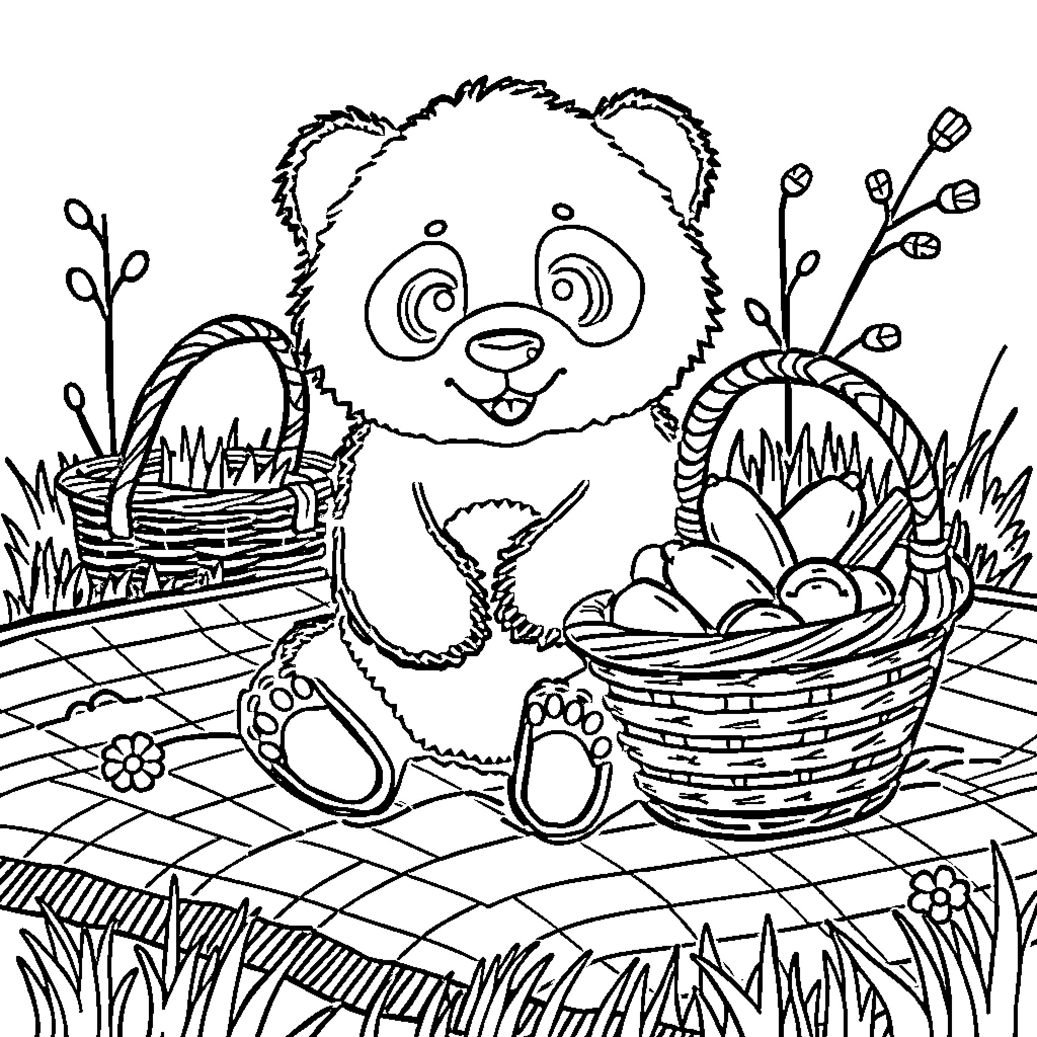 Panda playing with baskets filled with flowers and plants Coloring Page (free black-and-white line drawing printable PDF for all, from beginners to advanced learners, including children, teens, adults, and seniors)