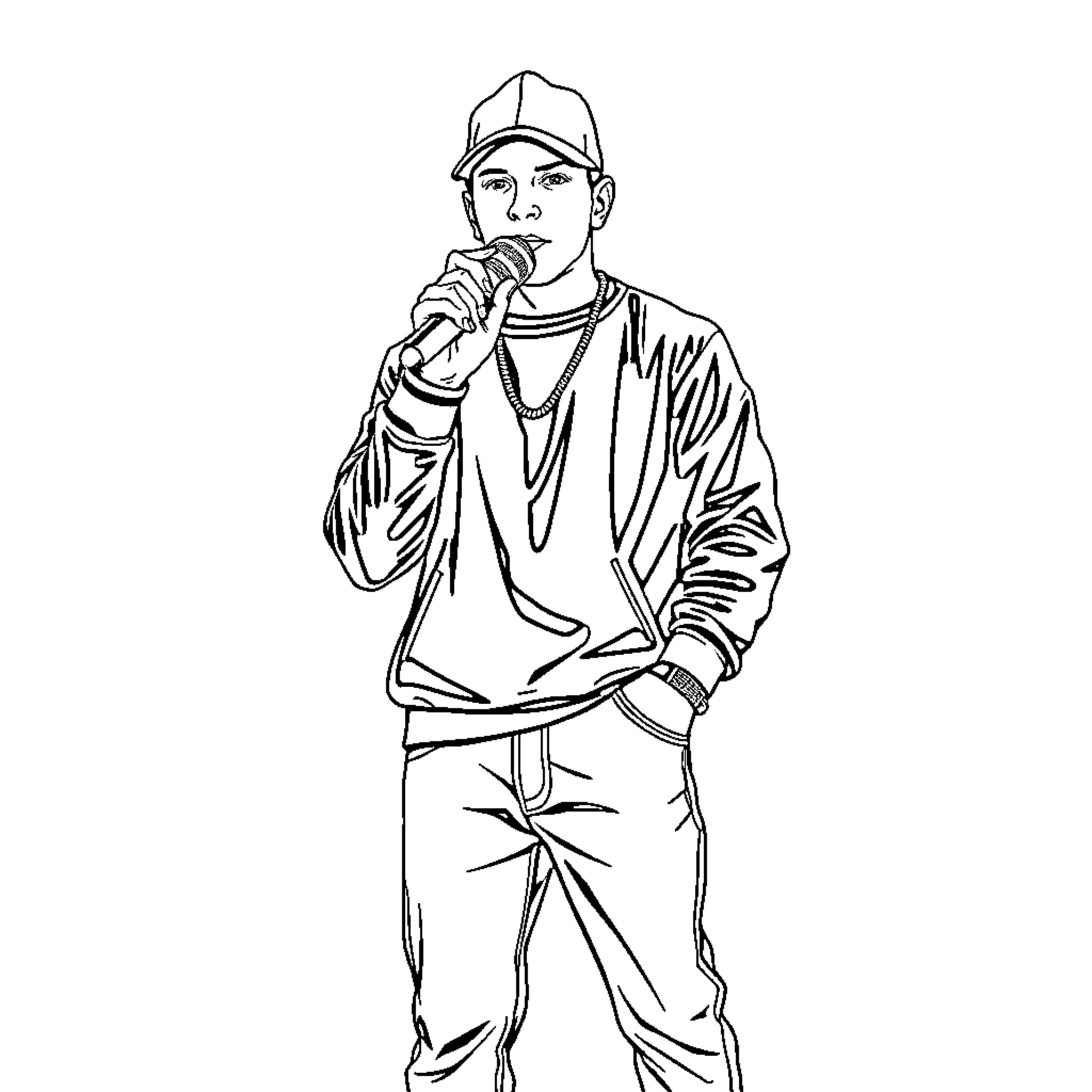 Eminem Performing on Stage with Microphone Coloring Page (free black-and-white line drawing printable PDF for all, from beginners to advanced learners, including children, teens, adults, and seniors)
