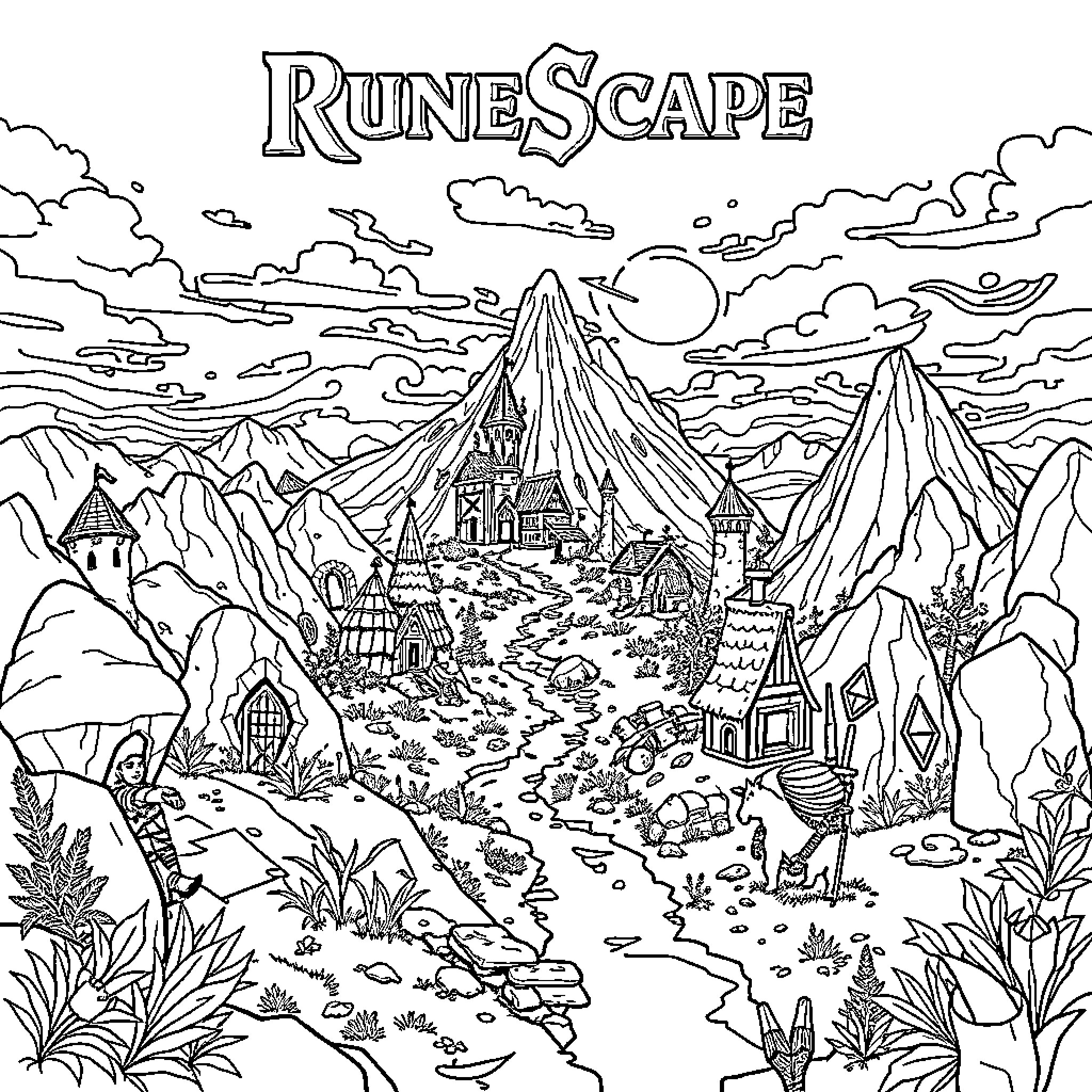 RuneScape Fantastical Landscape with Villages and Castles Coloring Page (free black-and-white line drawing printable PDF for all, from beginners to advanced learners, including children, teens, adults, and seniors)
