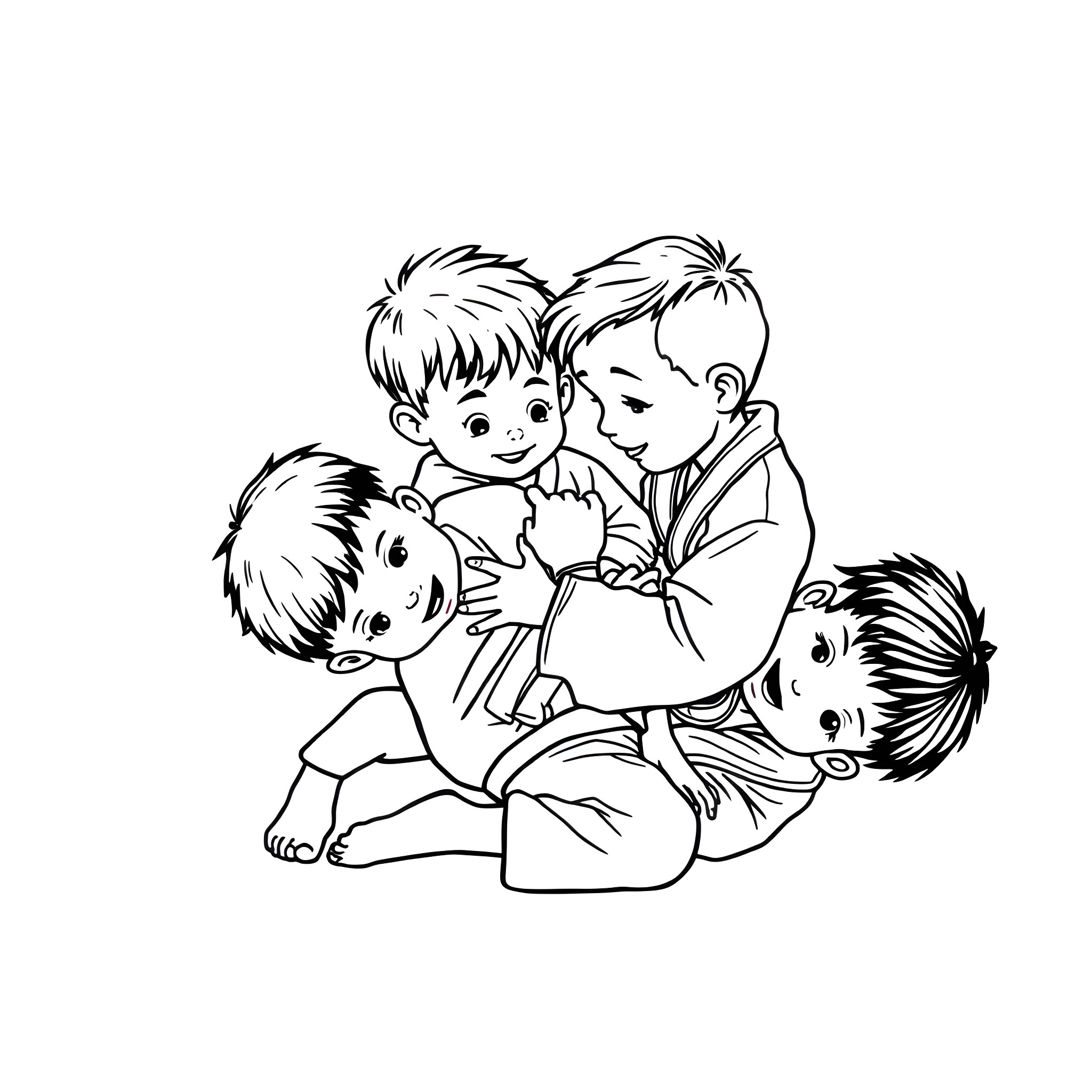 Jiu Jitsu kids training together Coloring Page (free black-and-white line drawing printable PDF for all, from beginners to advanced learners, including children, teens, adults, and seniors)
