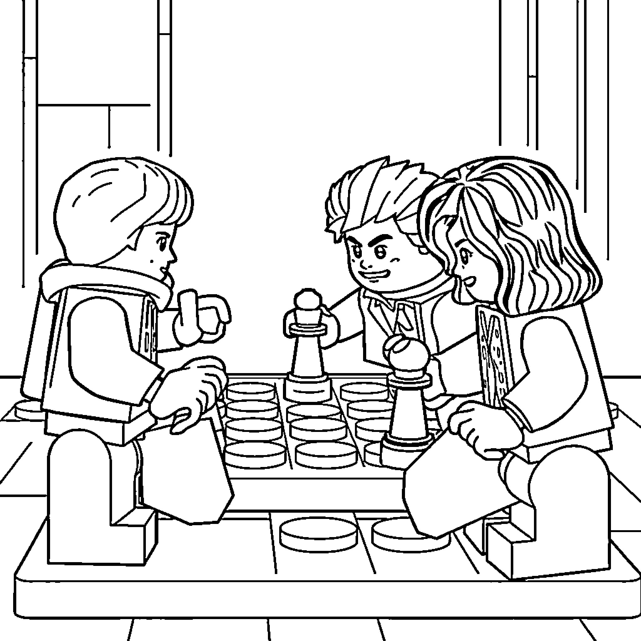 Lego family playing a board game together Coloring Page (free black-and-white line drawing printable PDF for all, from beginners to advanced learners, including children, teens, adults, and seniors)