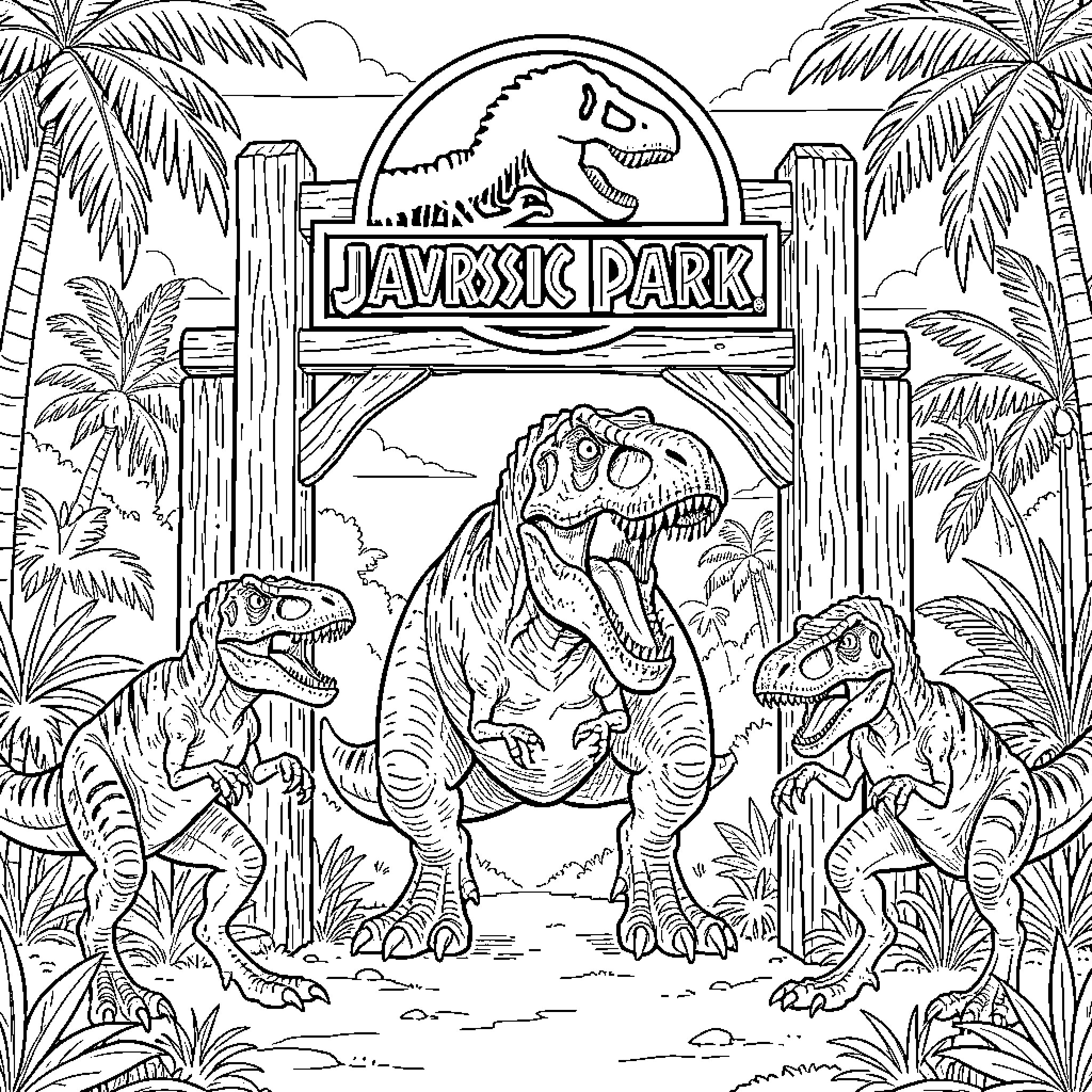 Jurassic Park dinosaurs roaring near the park entrance Coloring Page (free black-and-white line drawing printable PDF for all, from beginners to advanced learners, including children, teens, adults, and seniors)