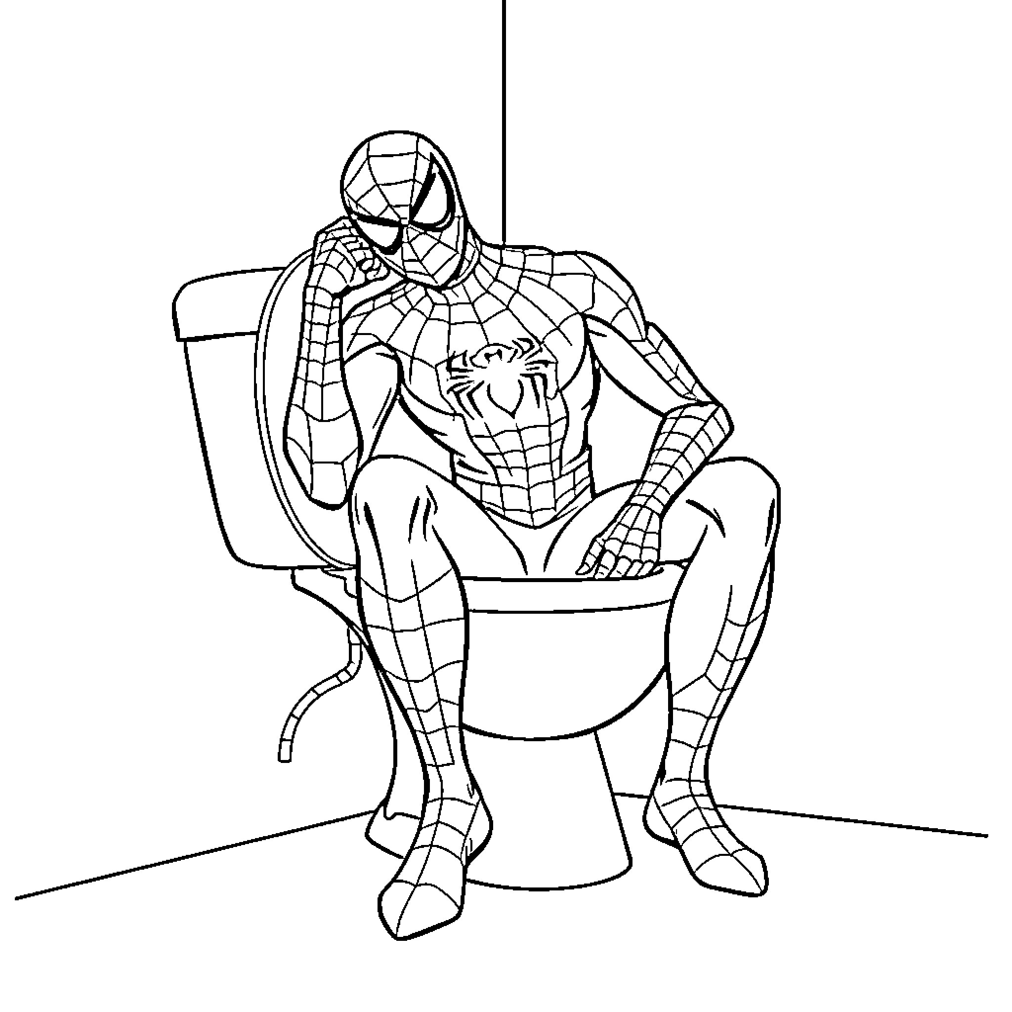 Spider-Man sitting on a toilet Coloring Page (free black-and-white line drawing printable PDF for all, from beginners to advanced learners, including children, teens, adults, and seniors)