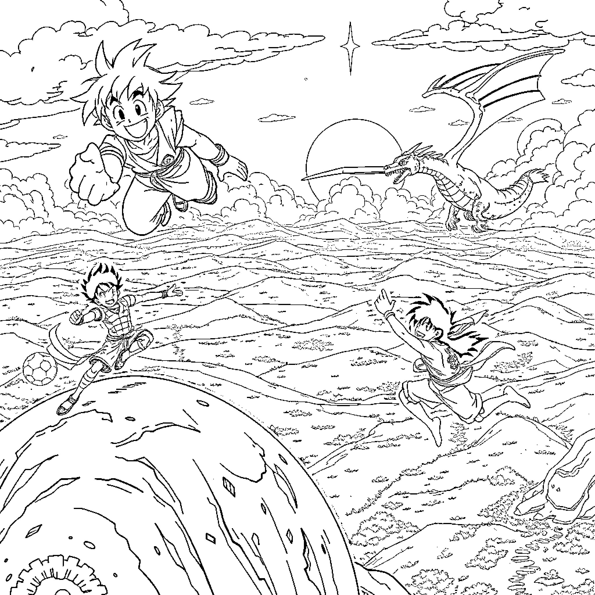 Goku and friends embark on an epic adventure Coloring Page (free black-and-white line drawing printable PDF for all, from beginners to advanced learners, including children, teens, adults, and seniors)