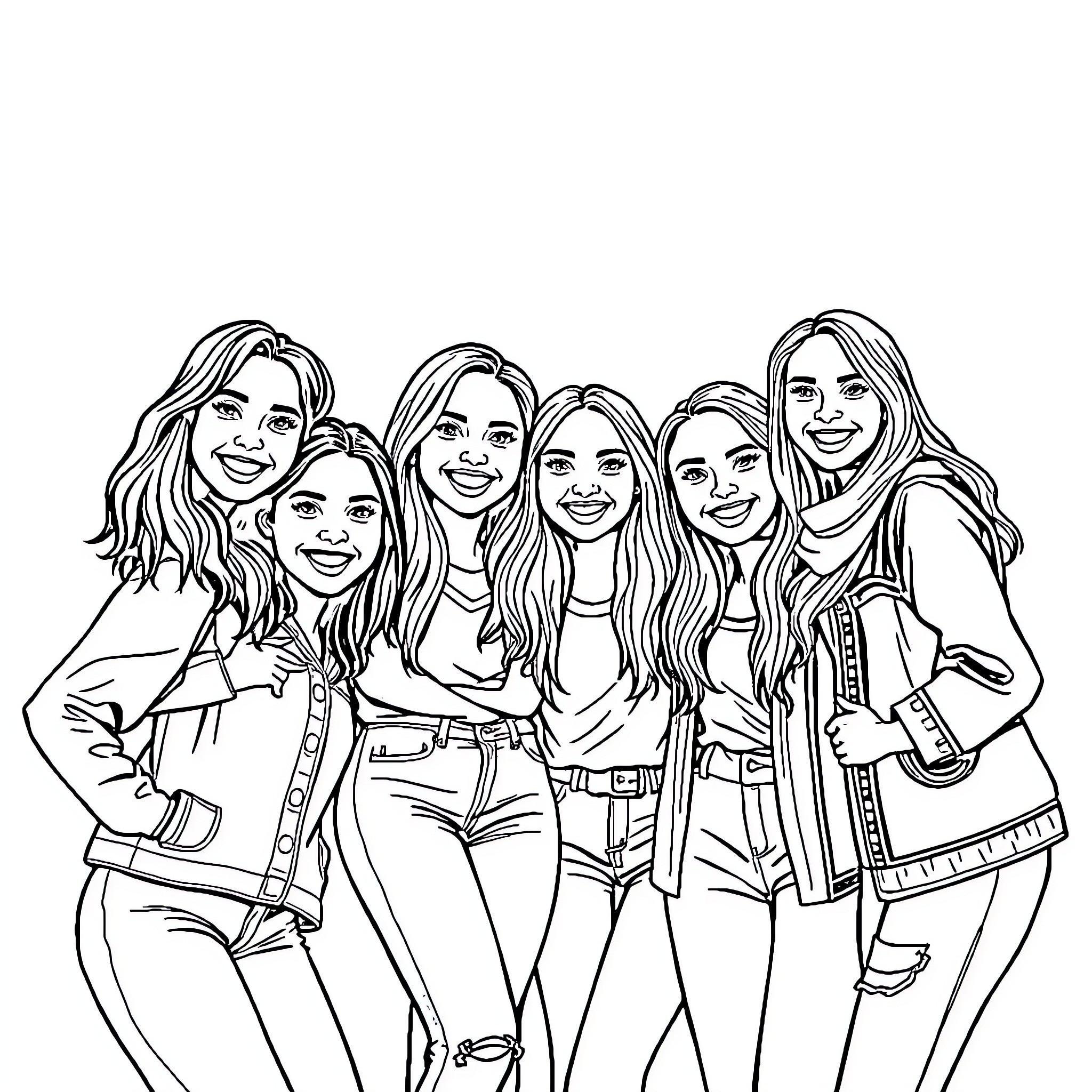 Friend Group Posing Together Happily Coloring Page (free black-and-white line drawing printable PDF for all, from beginners to advanced learners, including children, teens, adults, and seniors)