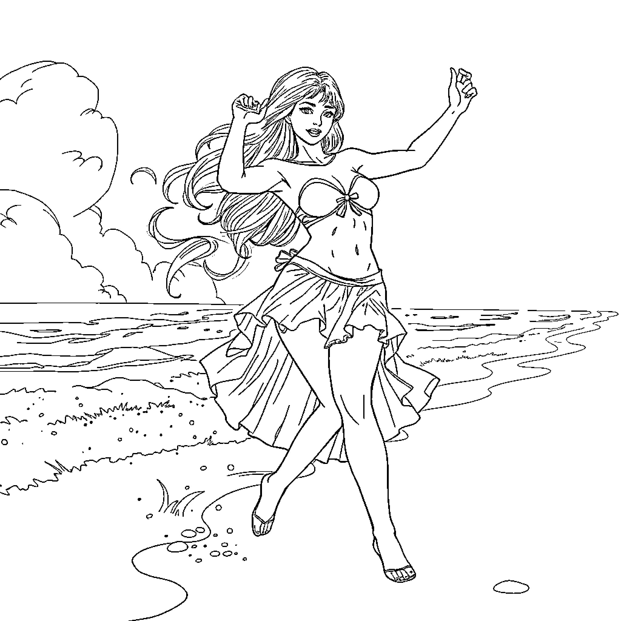 Guerrera Dancing Gracefully on the Beach Coloring Page (free black-and-white line drawing printable PDF for all, from beginners to advanced learners, including children, teens, adults, and seniors)