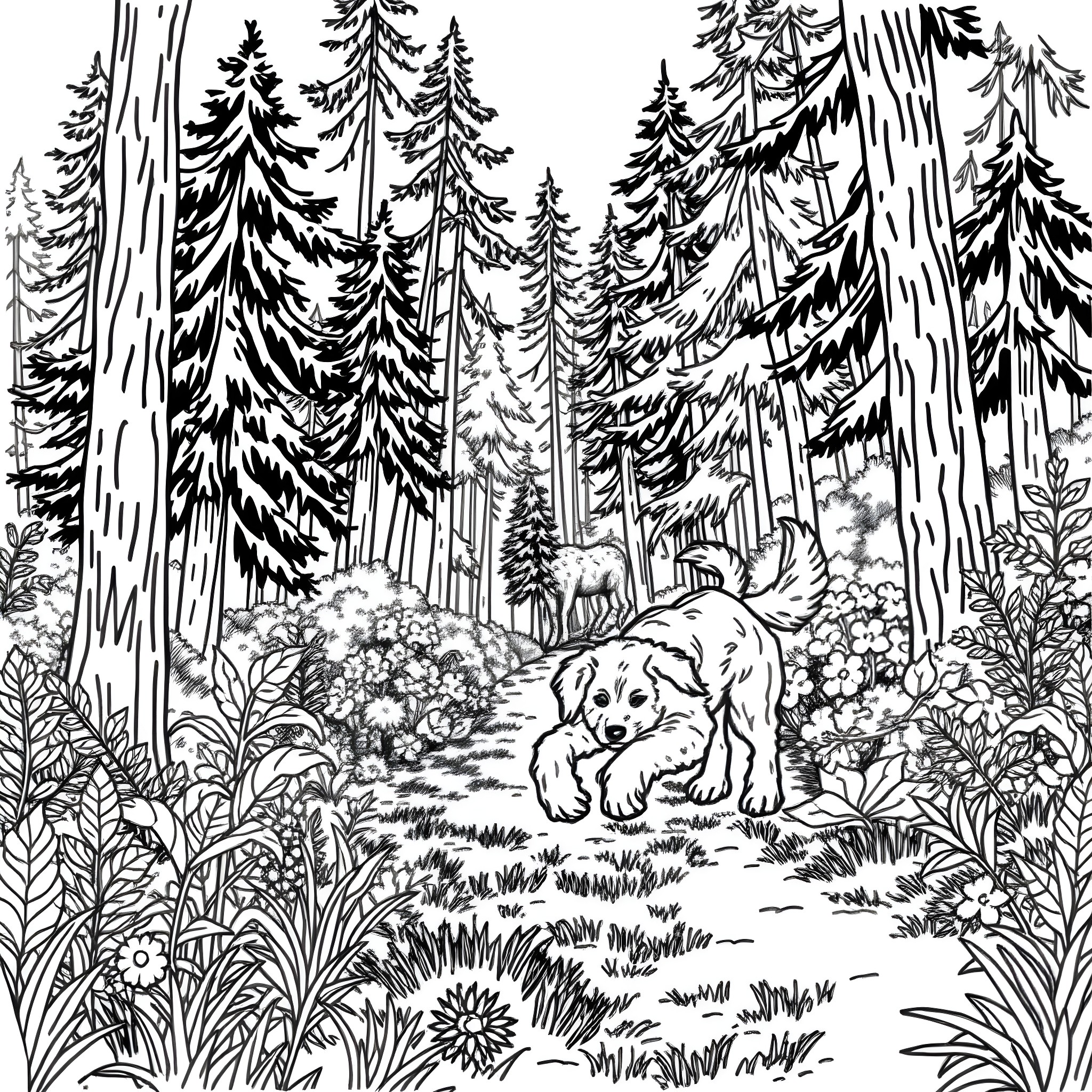 Cocker Spaniel exploring the lush forest Coloring Page (free black-and-white line drawing printable PDF for all, from beginners to advanced learners, including children, teens, adults, and seniors)