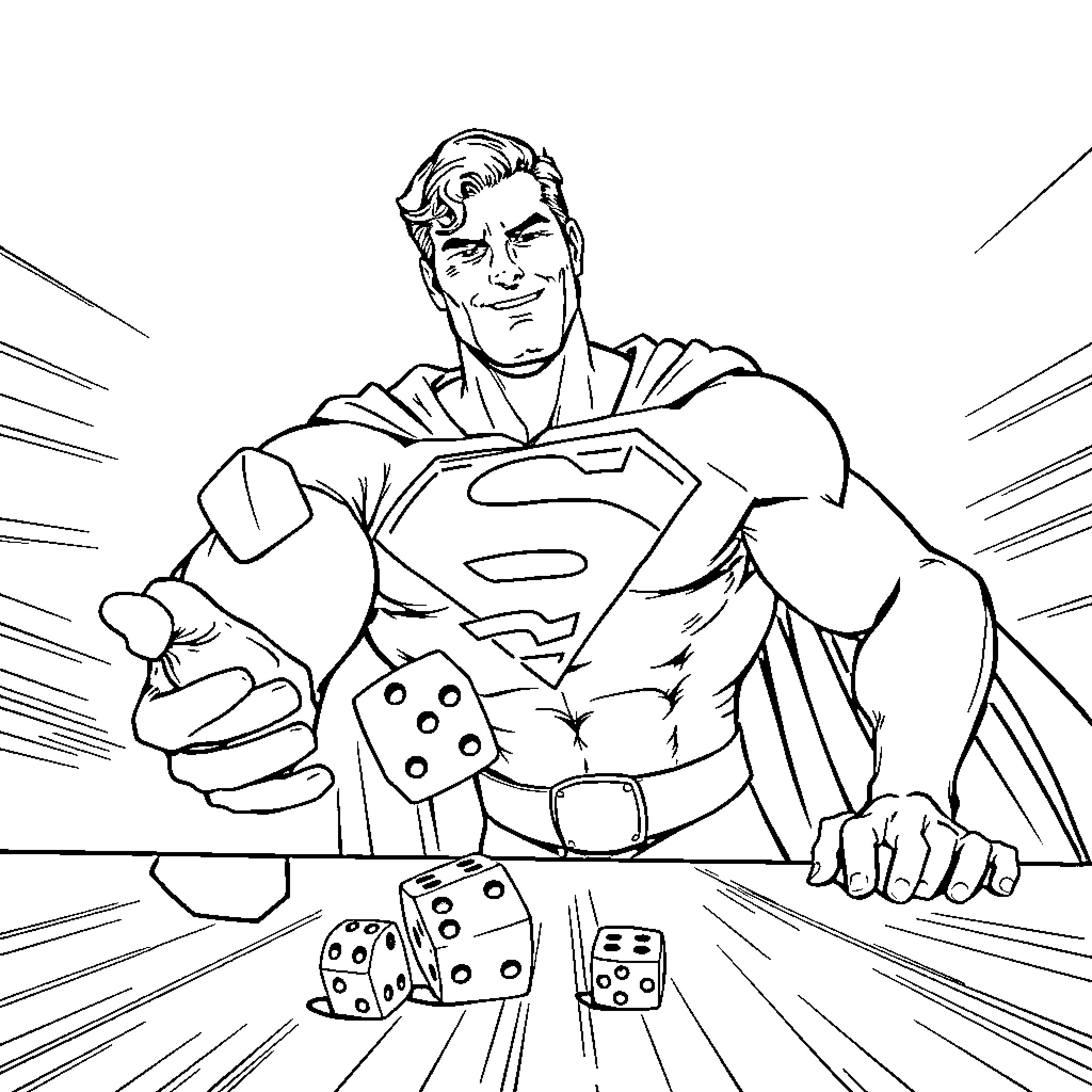 Superman playing dice with determination Coloring Page (free black-and-white line drawing printable PDF for all, from beginners to advanced learners, including children, teens, adults, and seniors)