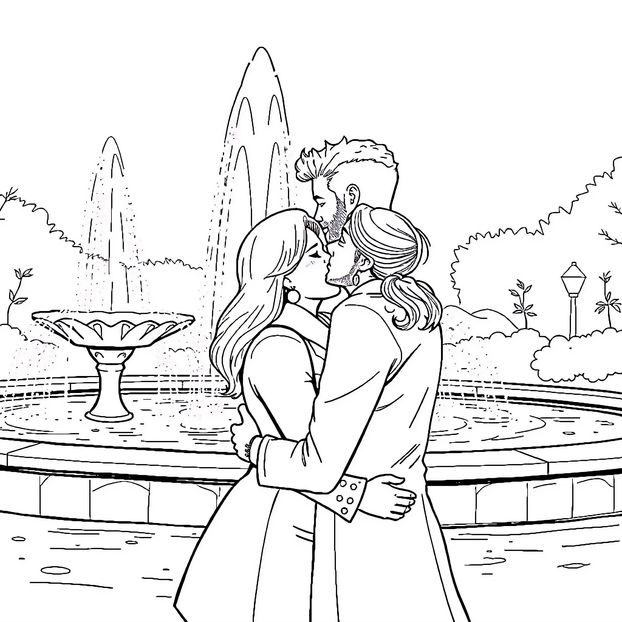 Couple embracing in a romantic garden setting Coloring Page (free black-and-white line drawing printable PDF for all, from beginners to advanced learners, including children, teens, adults, and seniors)