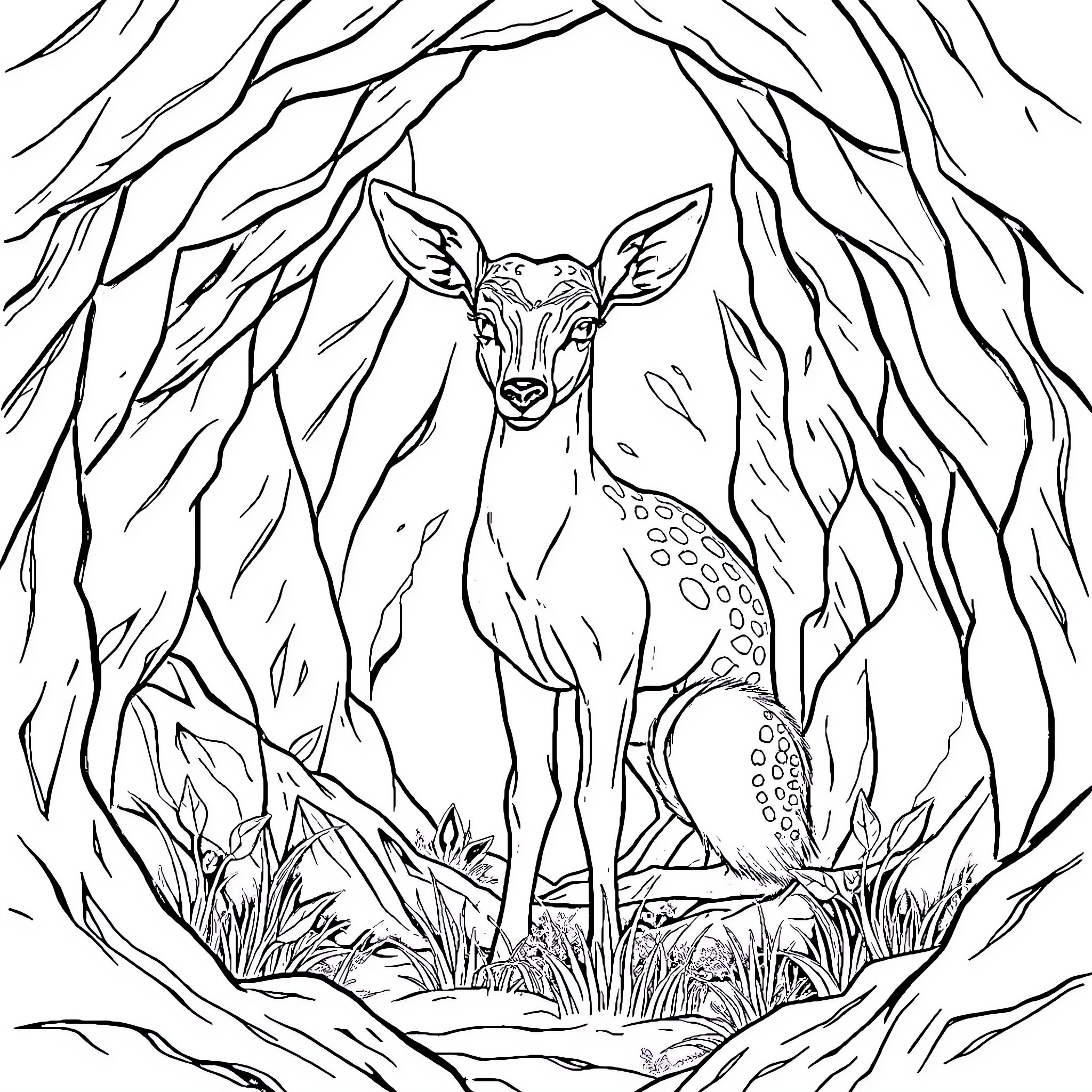 Deer in Lush Forest Habitat Coloring Page (free black-and-white line drawing printable PDF for all, from beginners to advanced learners, including children, teens, adults, and seniors)
