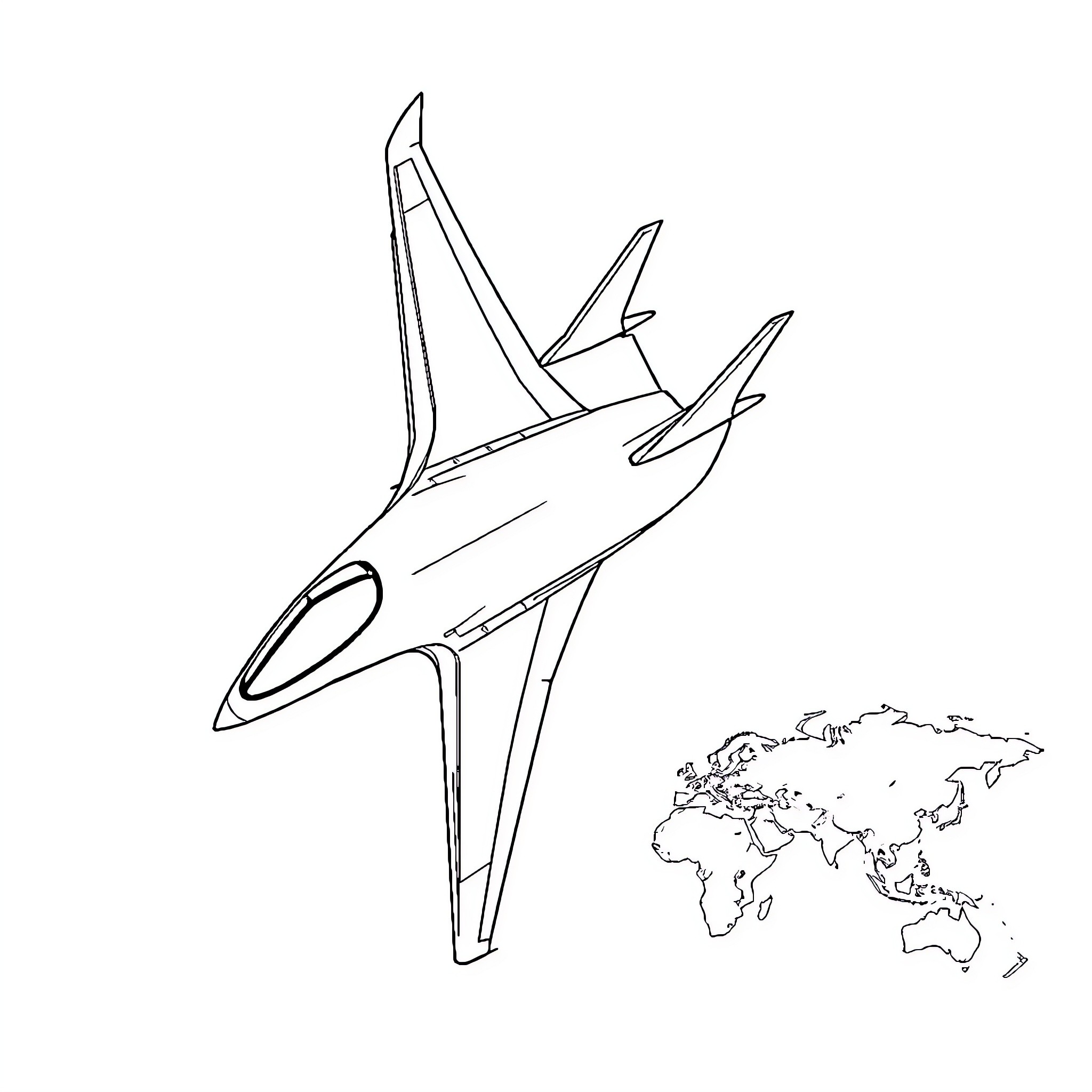 Jet soaring above the world map Coloring Page (free black-and-white line drawing printable PDF for all, from beginners to advanced learners, including children, teens, adults, and seniors)