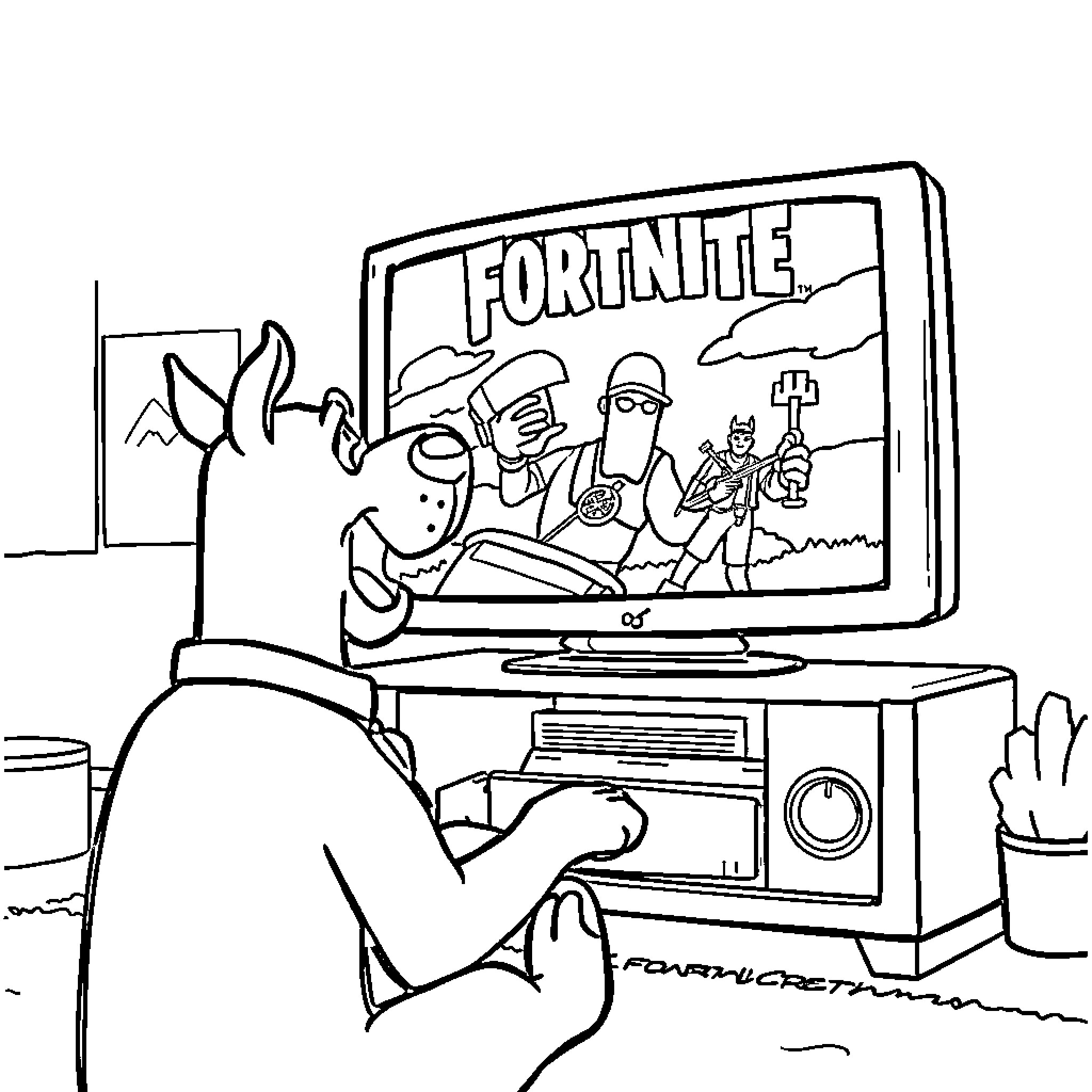 Scooby Doo playing Fortnite video game Coloring Page (free black-and-white line drawing printable PDF for all, from beginners to advanced learners, including children, teens, adults, and seniors)