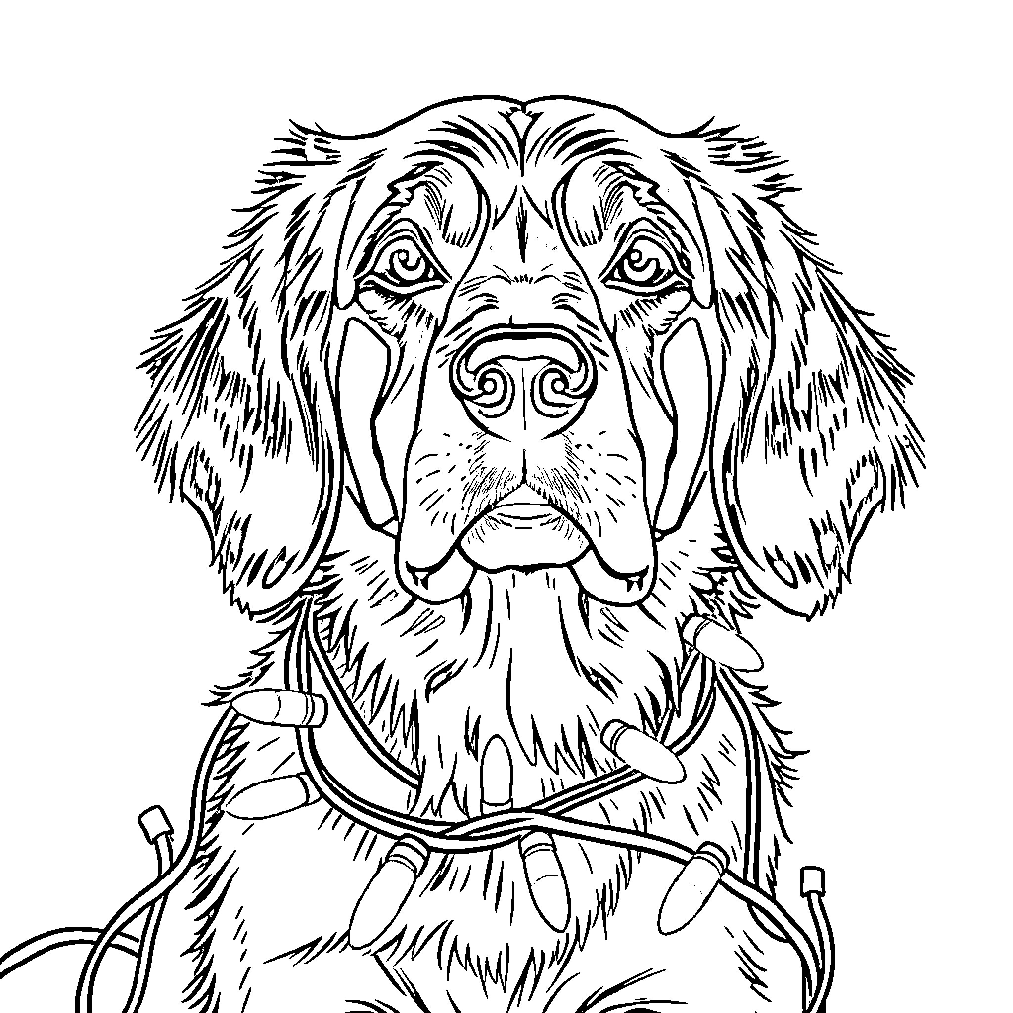 Retriever patiently waiting with dog harness Coloring Page (free black-and-white line drawing printable PDF for all, from beginners to advanced learners, including children, teens, adults, and seniors)
