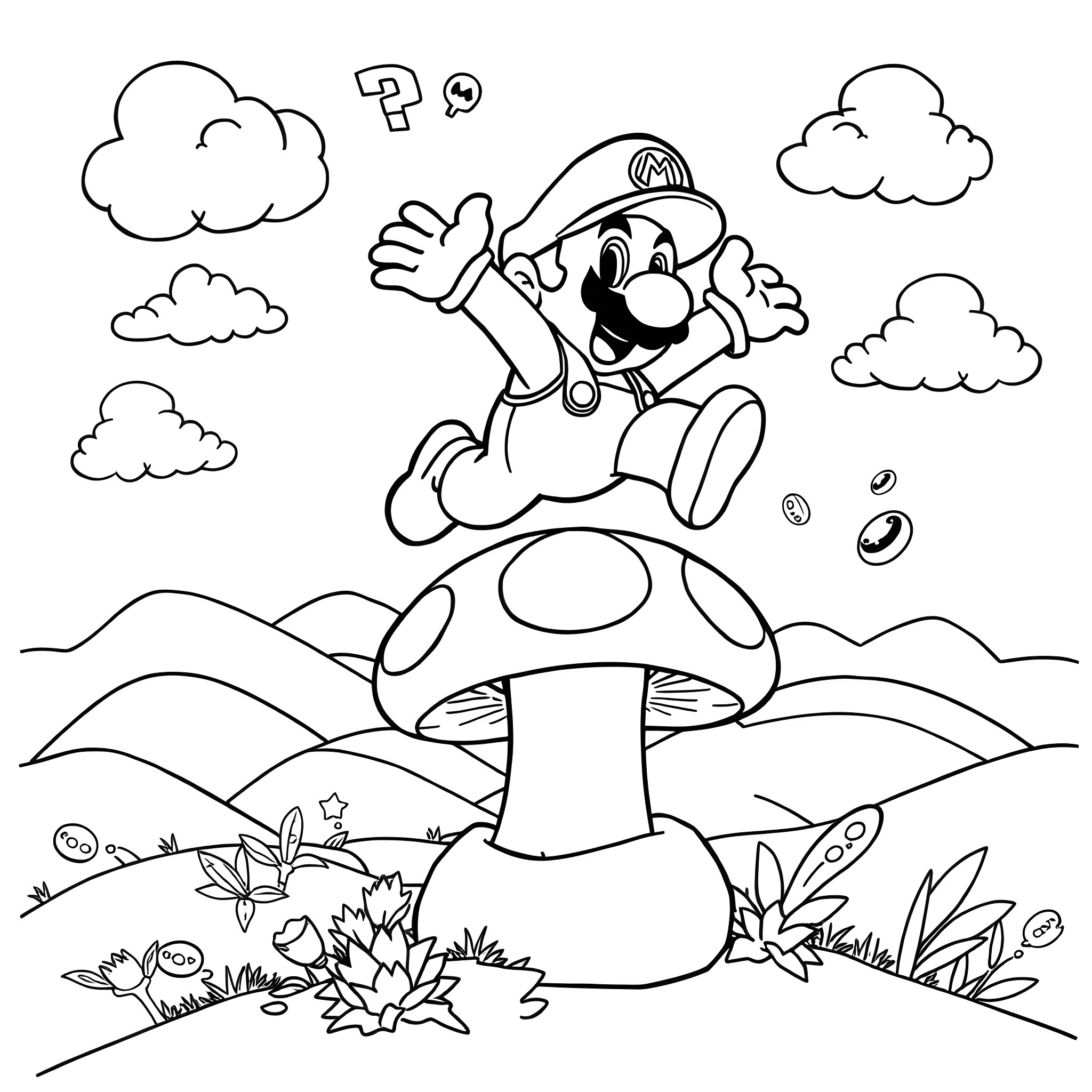 Mario jumping in the mushroom kingdom landscape Coloring Page (free black-and-white line drawing printable PDF for all, from beginners to advanced learners, including children, teens, adults, and seniors)