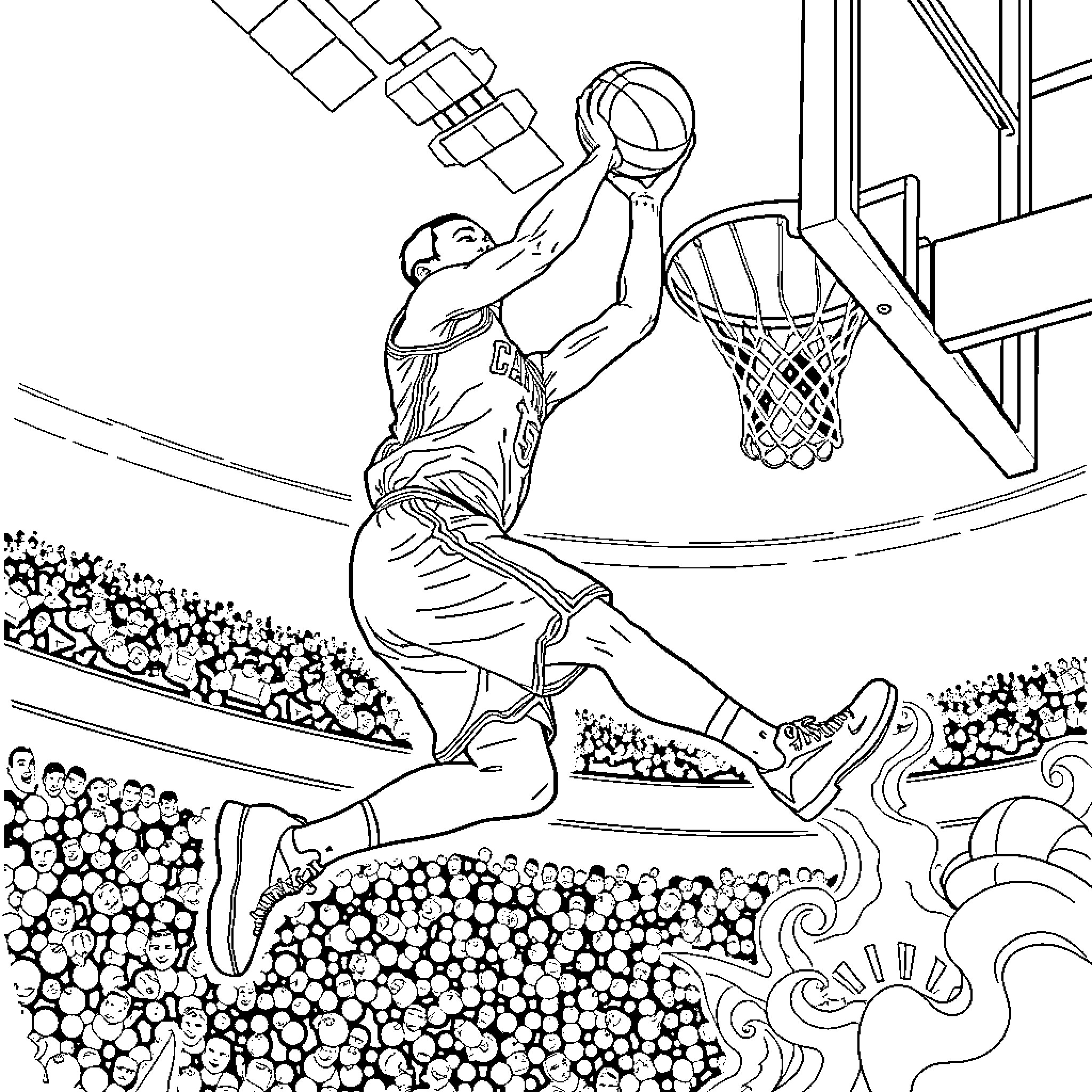 NBA Dunk: Player Leaps High for Spectacular Slam Dunk Coloring Page (free black-and-white line drawing printable PDF for all, from beginners to advanced learners, including children, teens, adults, and seniors)