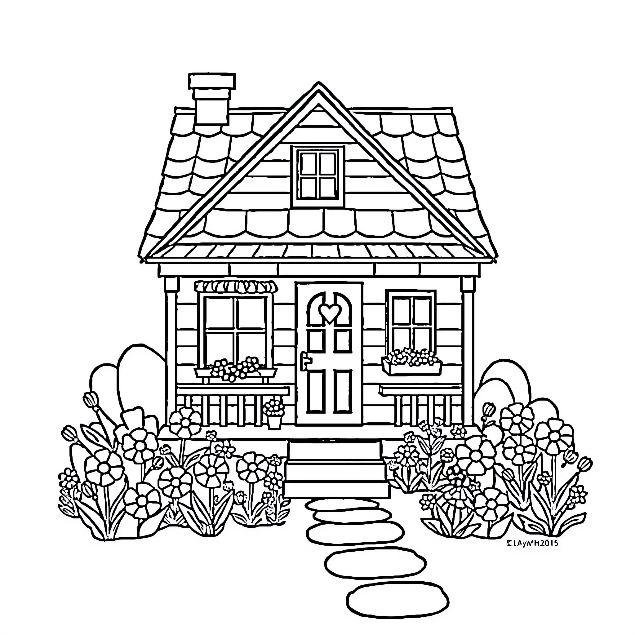House with Floral Garden and Pathway Coloring Page (free black-and-white line drawing printable PDF for all, from beginners to advanced learners, including children, teens, adults, and seniors)
