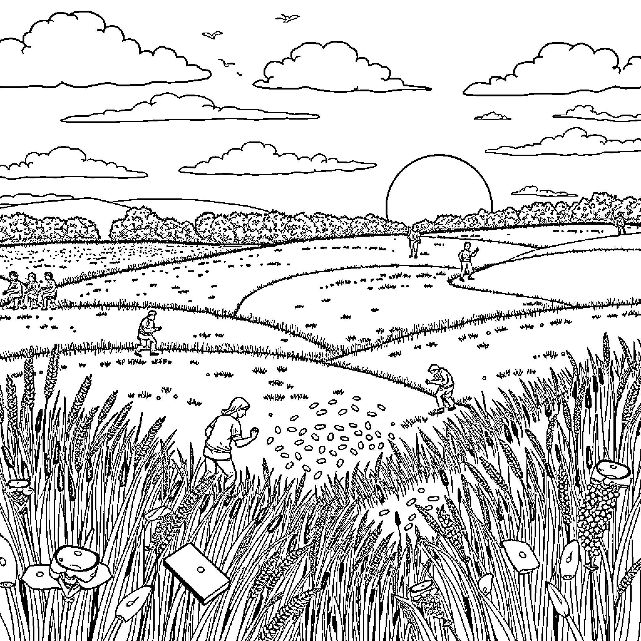 Person exploring scenic countryside landscape Coloring Page (free black-and-white line drawing printable PDF for all, from beginners to advanced learners, including children, teens, adults, and seniors)