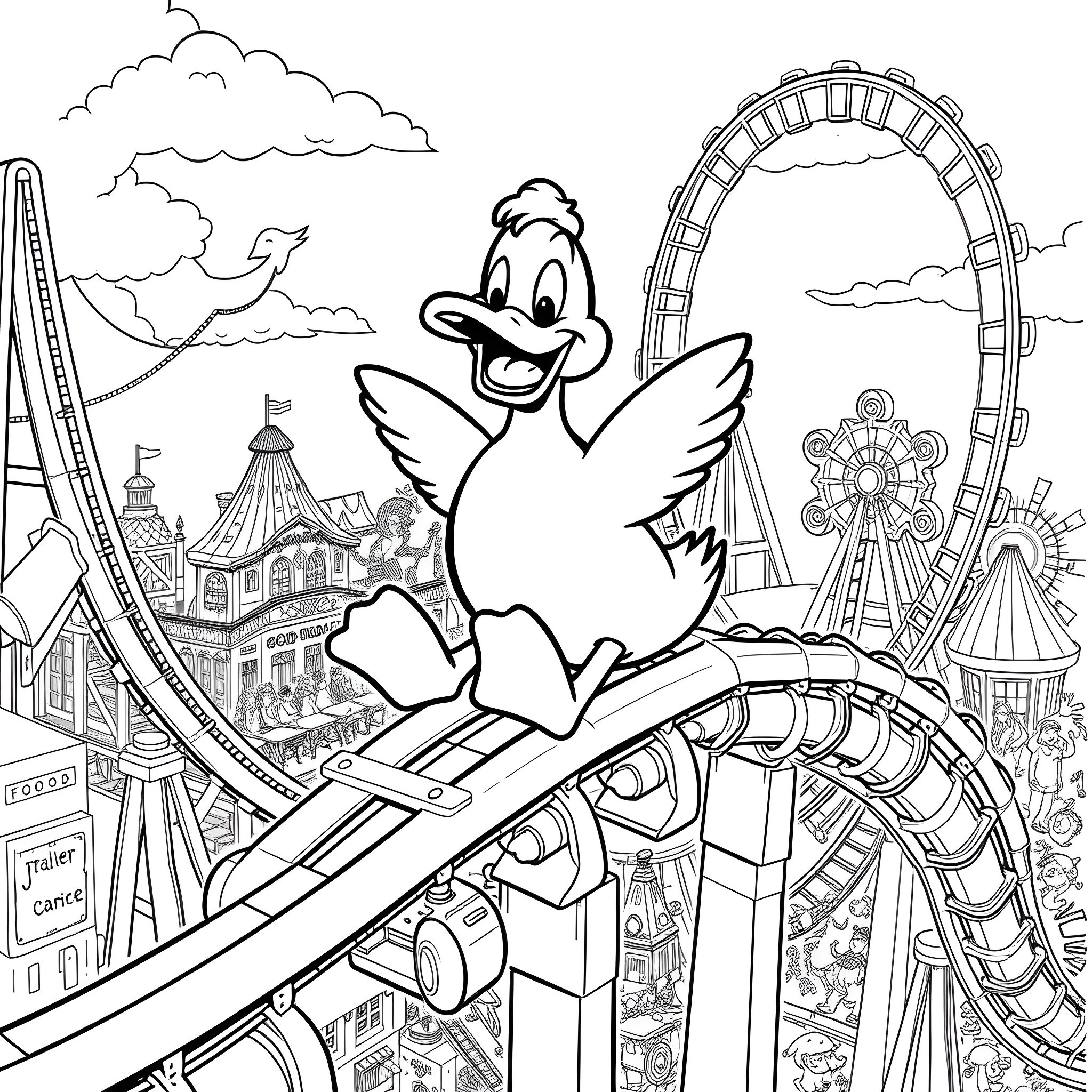 Duck enjoying a fun day at the amusement park Coloring Page (free black-and-white line drawing printable PDF for all, from beginners to advanced learners, including children, teens, adults, and seniors)