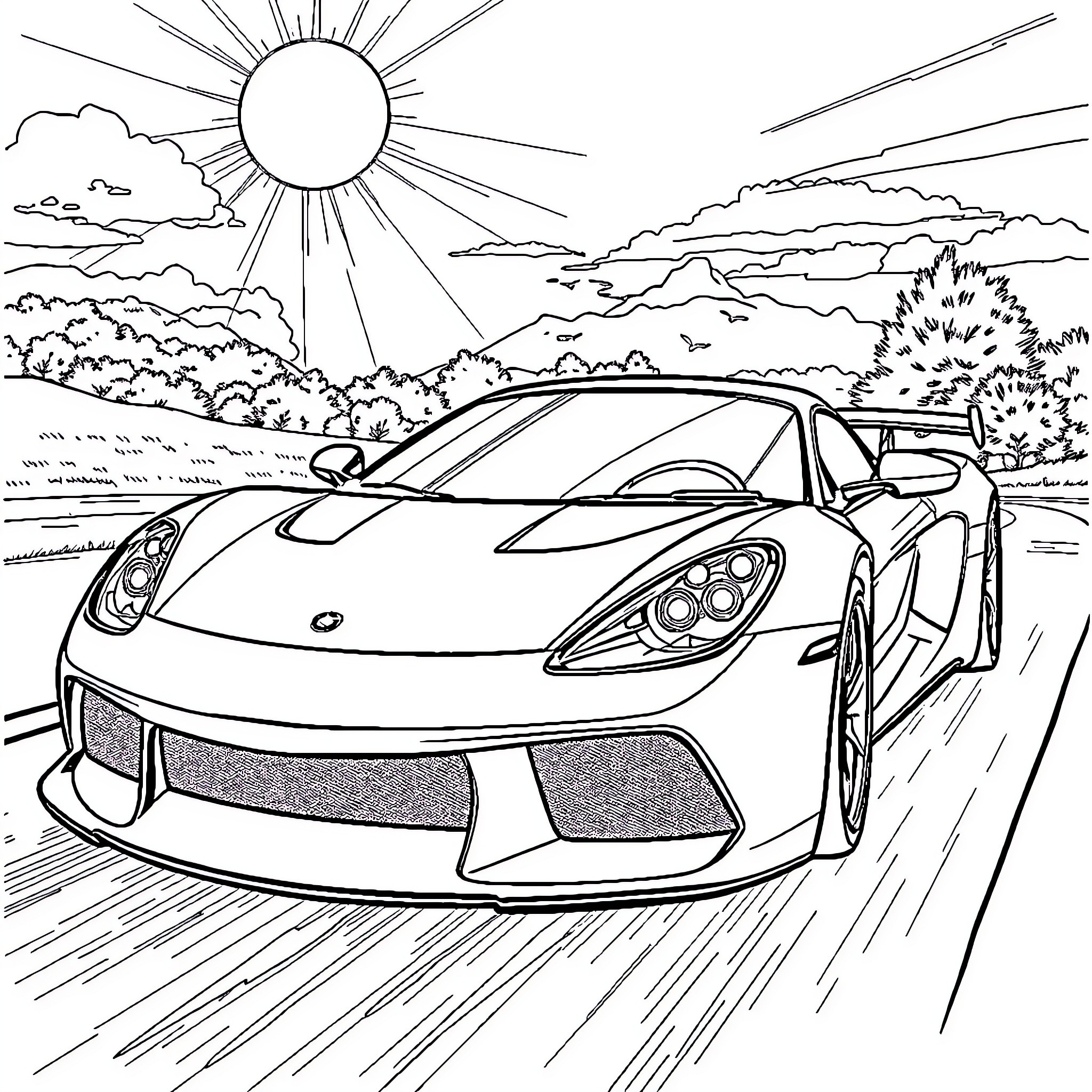 Sport Car speeding on the road with sun and clouds Coloring Page (free black-and-white line drawing printable PDF for all, from beginners to advanced learners, including children, teens, adults, and seniors)