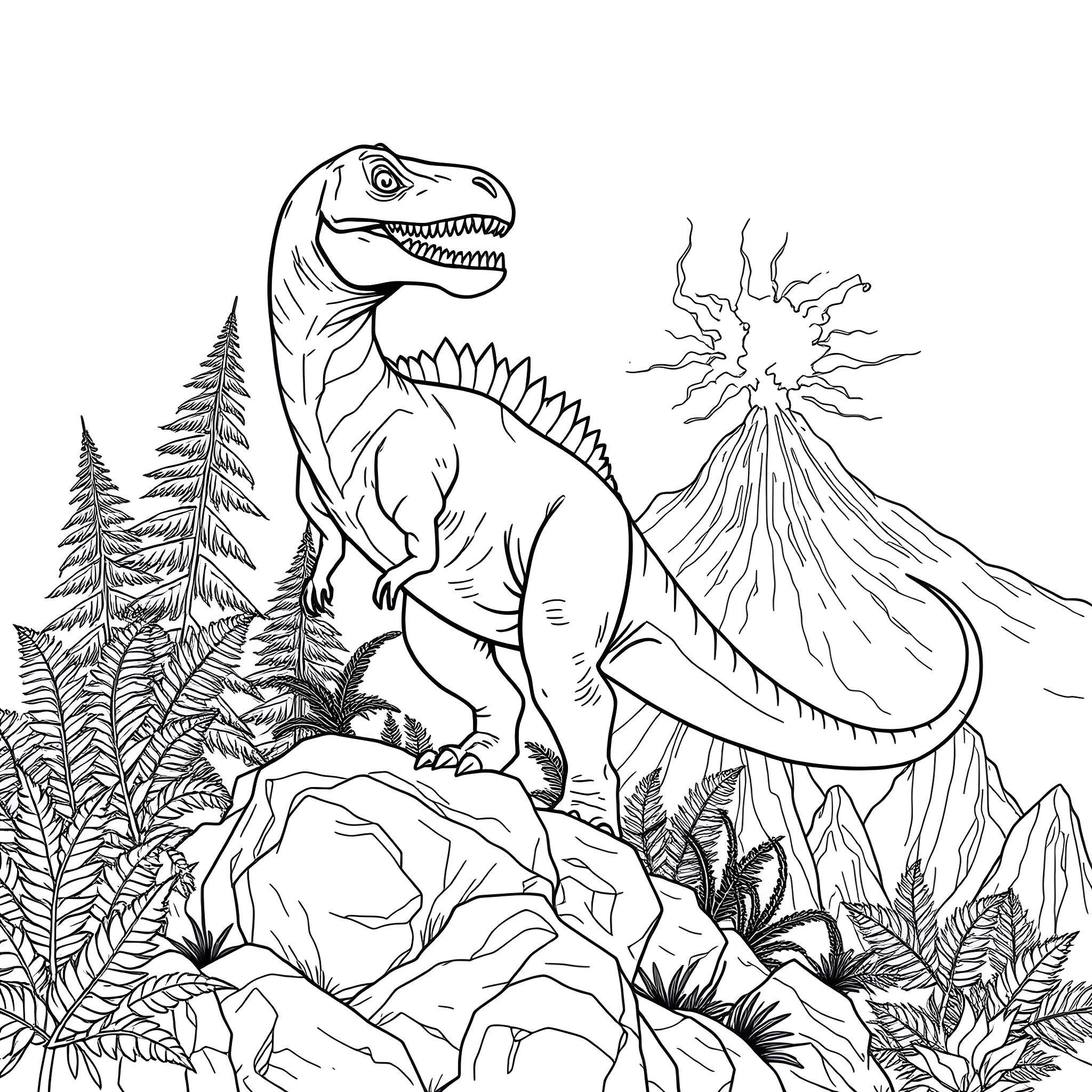 Dinosaur exploring prehistoric landscape Coloring Page (free black-and-white line drawing printable PDF for all, from beginners to advanced learners, including children, teens, adults, and seniors)