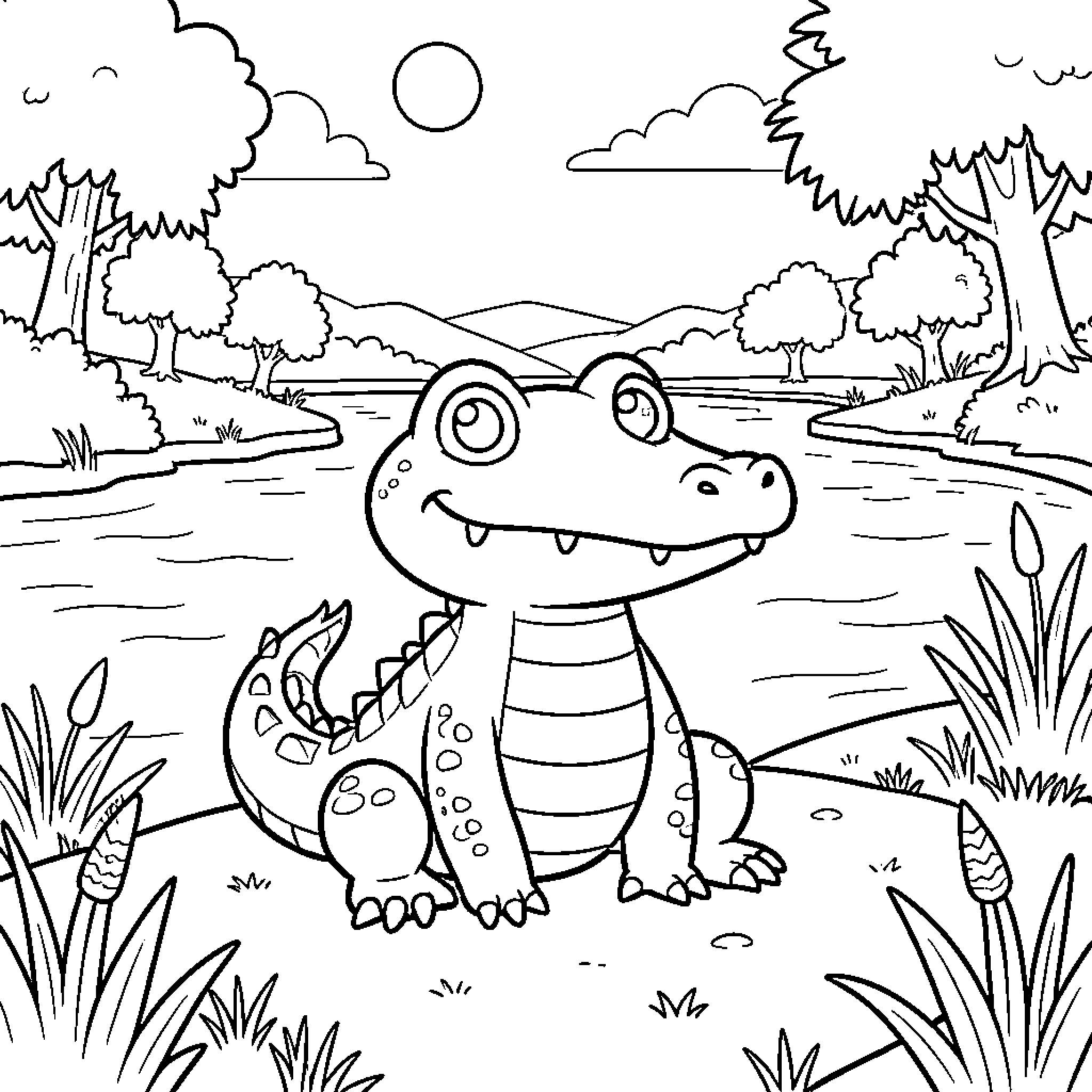 Crocodile enjoying nature in the wilderness Coloring Page (free black-and-white line drawing printable PDF for all, from beginners to advanced learners, including children, teens, adults, and seniors)