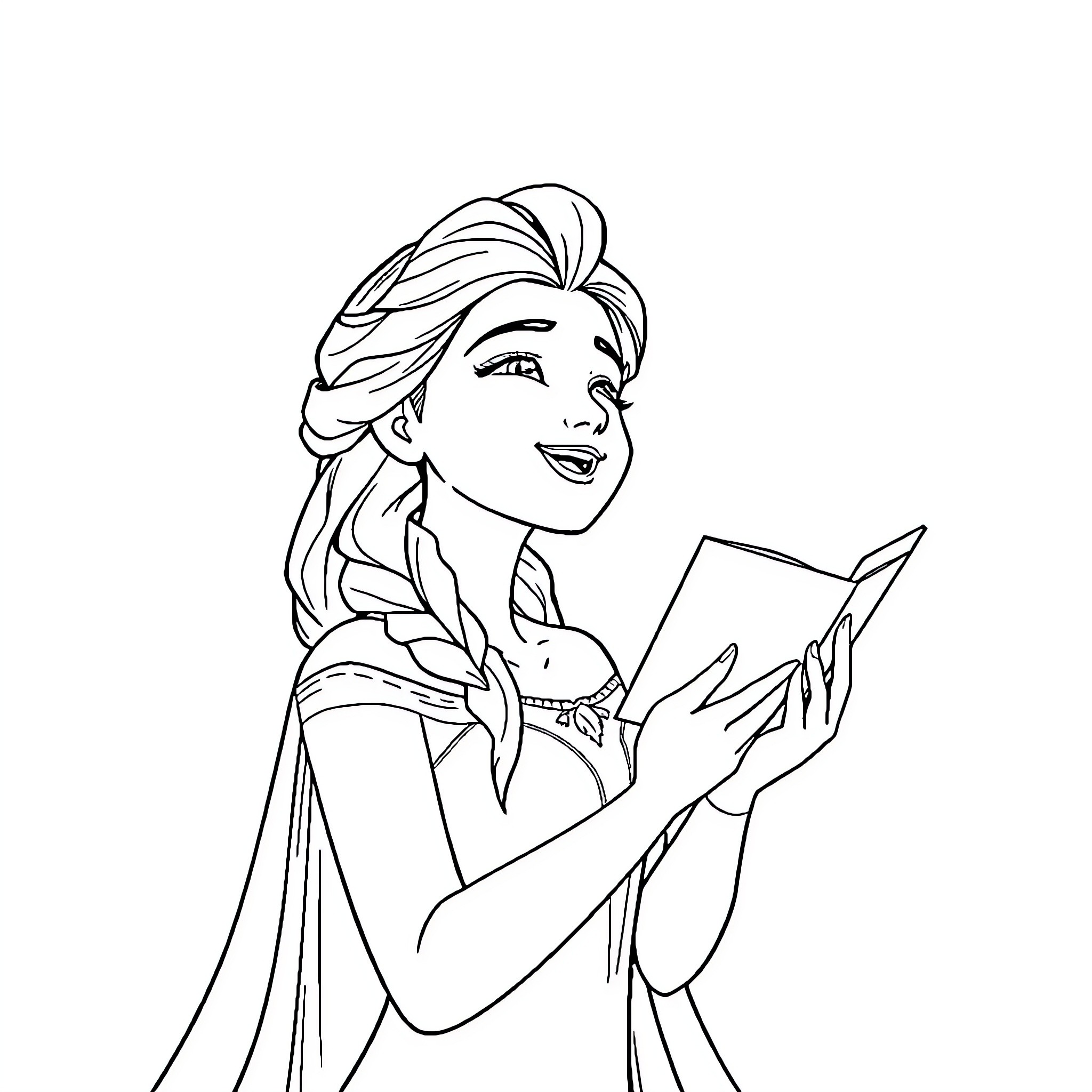 Elsa reading a book with joy Coloring Page (free black-and-white line drawing printable PDF for all, from beginners to advanced learners, including children, teens, adults, and seniors)