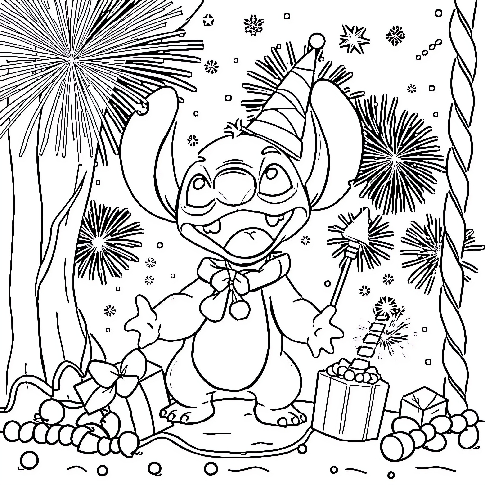 Stitch celebrating with fireworks and gifts Coloring Page (free black-and-white line drawing printable PDF for all, from beginners to advanced learners, including children, teens, adults, and seniors)