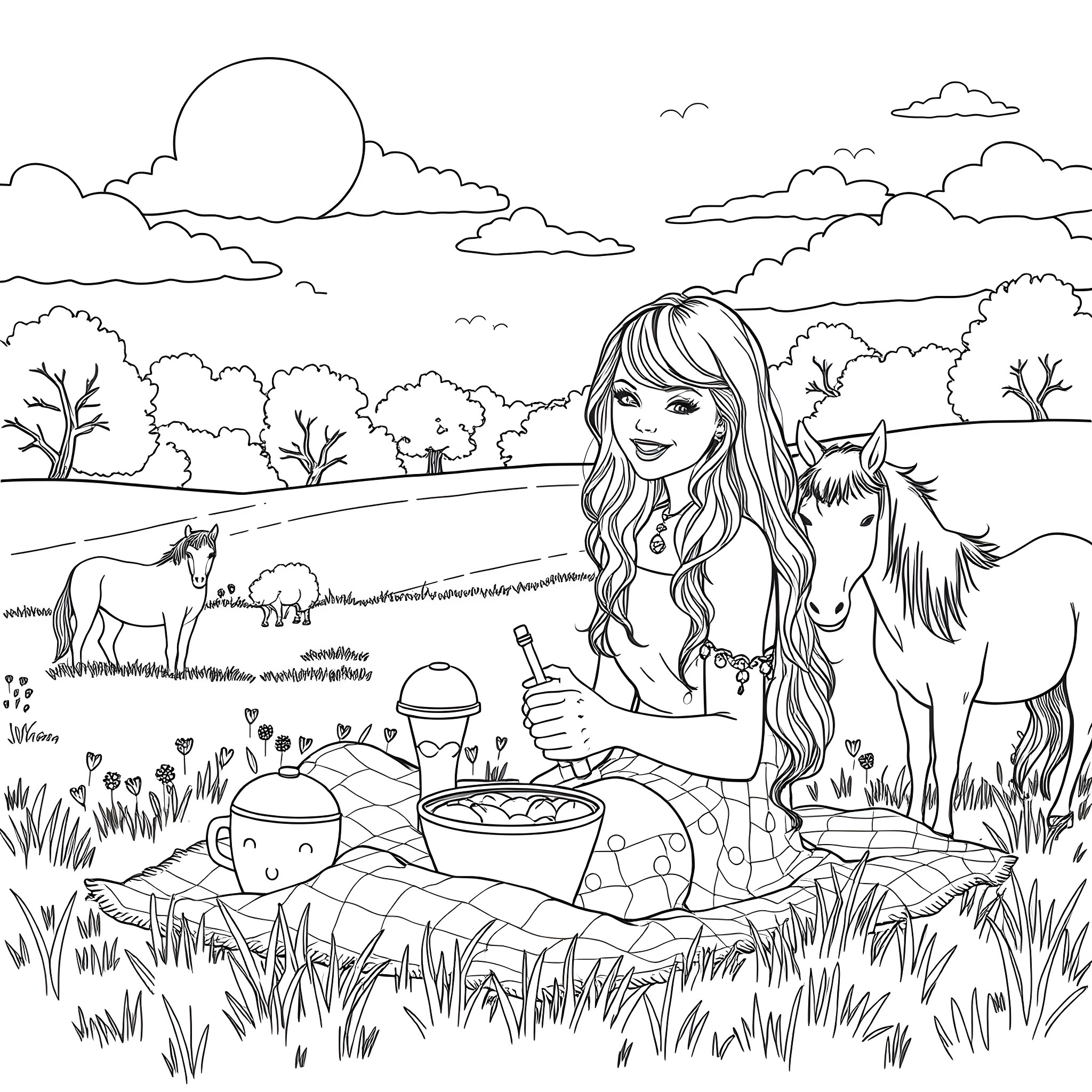 Taylor Swift enjoying a picnic with horses in the countryside Coloring Page (free black-and-white line drawing printable PDF for all, from beginners to advanced learners, including children, teens, adults, and seniors)