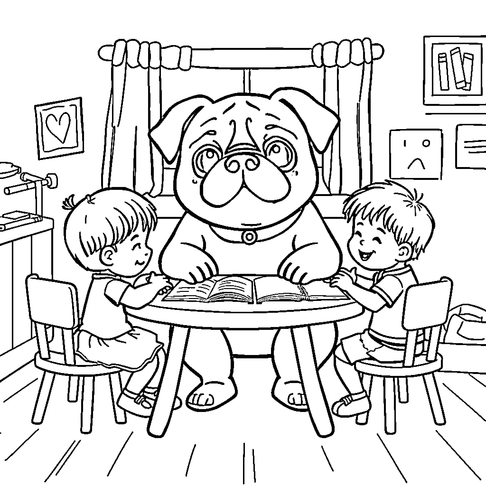 Pig reading story to children in cozy room Coloring Page (free black-and-white line drawing printable PDF for all, from beginners to advanced learners, including children, teens, adults, and seniors)