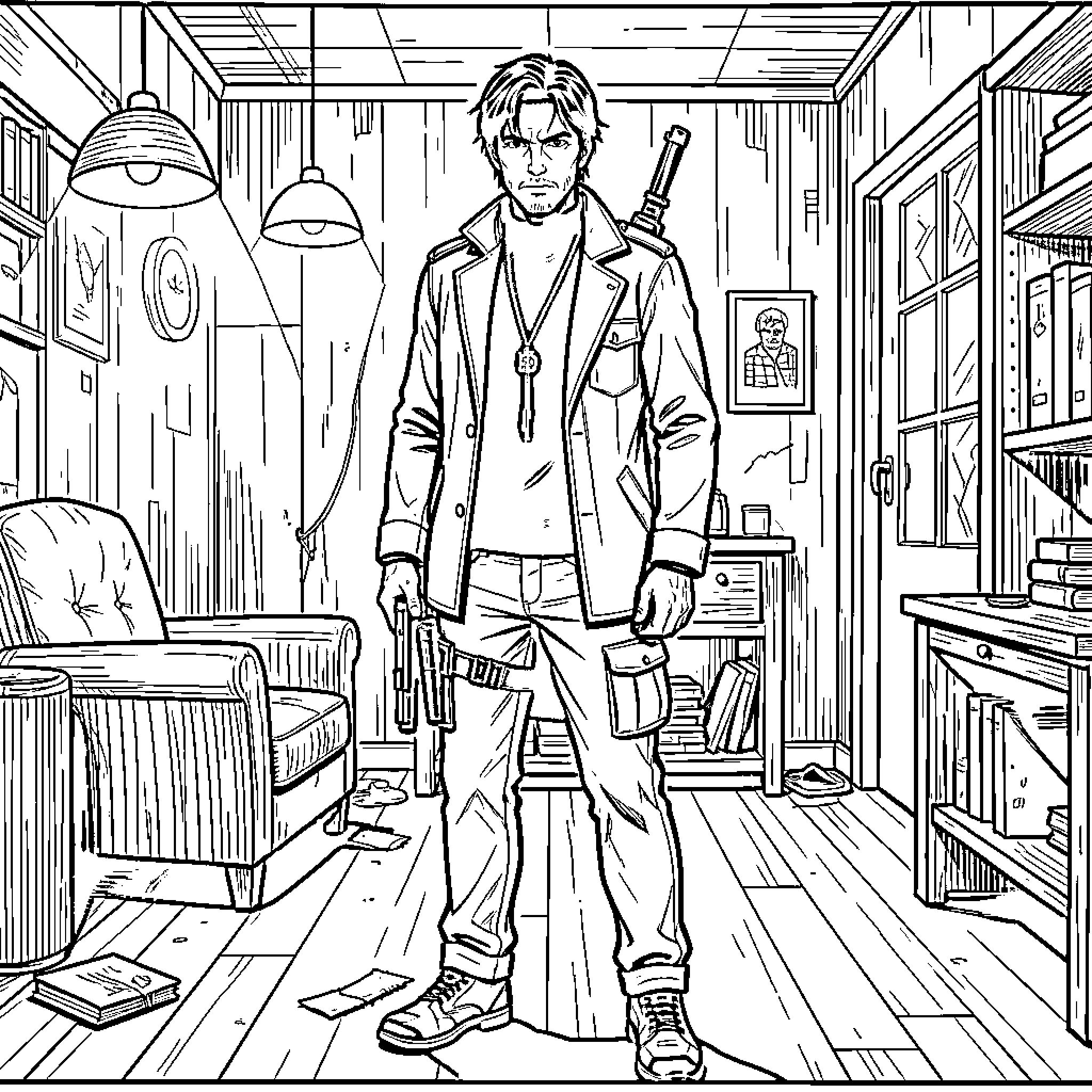 Leon's Secret Mission in the Study Coloring Page (free black-and-white line drawing printable PDF for all, from beginners to advanced learners, including children, teens, adults, and seniors)