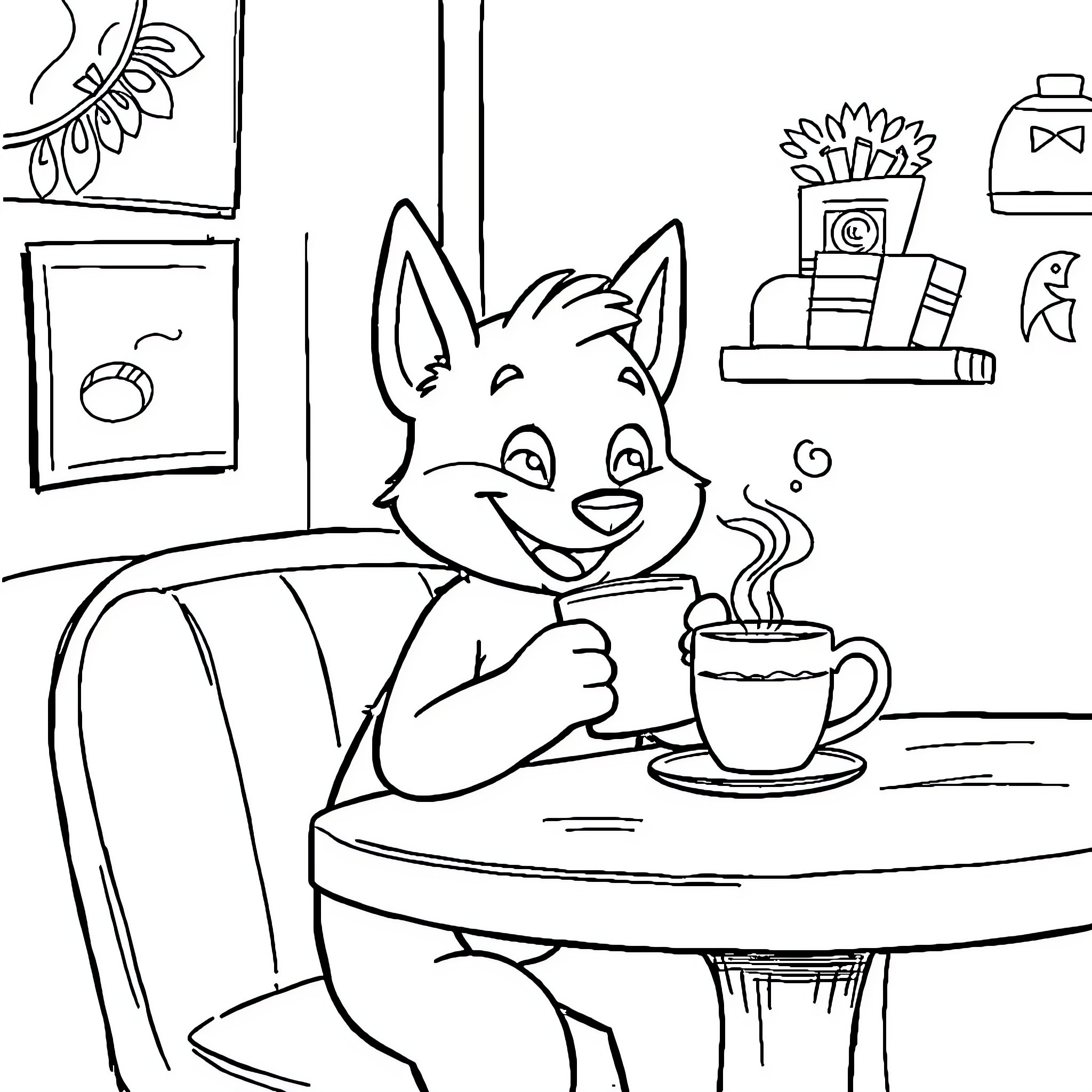 Bluey enjoying a warm beverage in a cozy room Coloring Page (free black-and-white line drawing printable PDF for all, from beginners to advanced learners, including children, teens, adults, and seniors)
