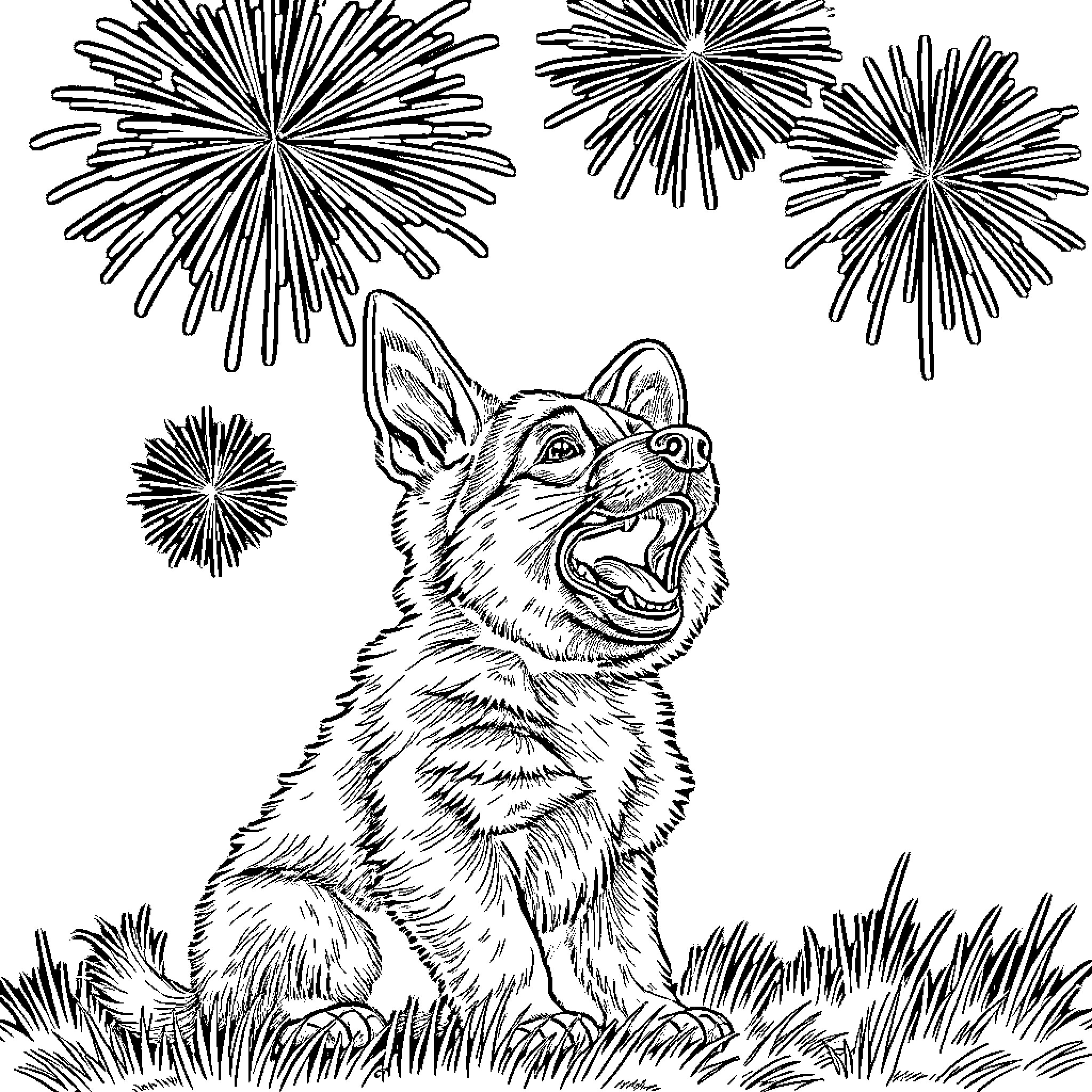 German Shepherd enjoying fireworks display Coloring Page (free black-and-white line drawing printable PDF for all, from beginners to advanced learners, including children, teens, adults, and seniors)