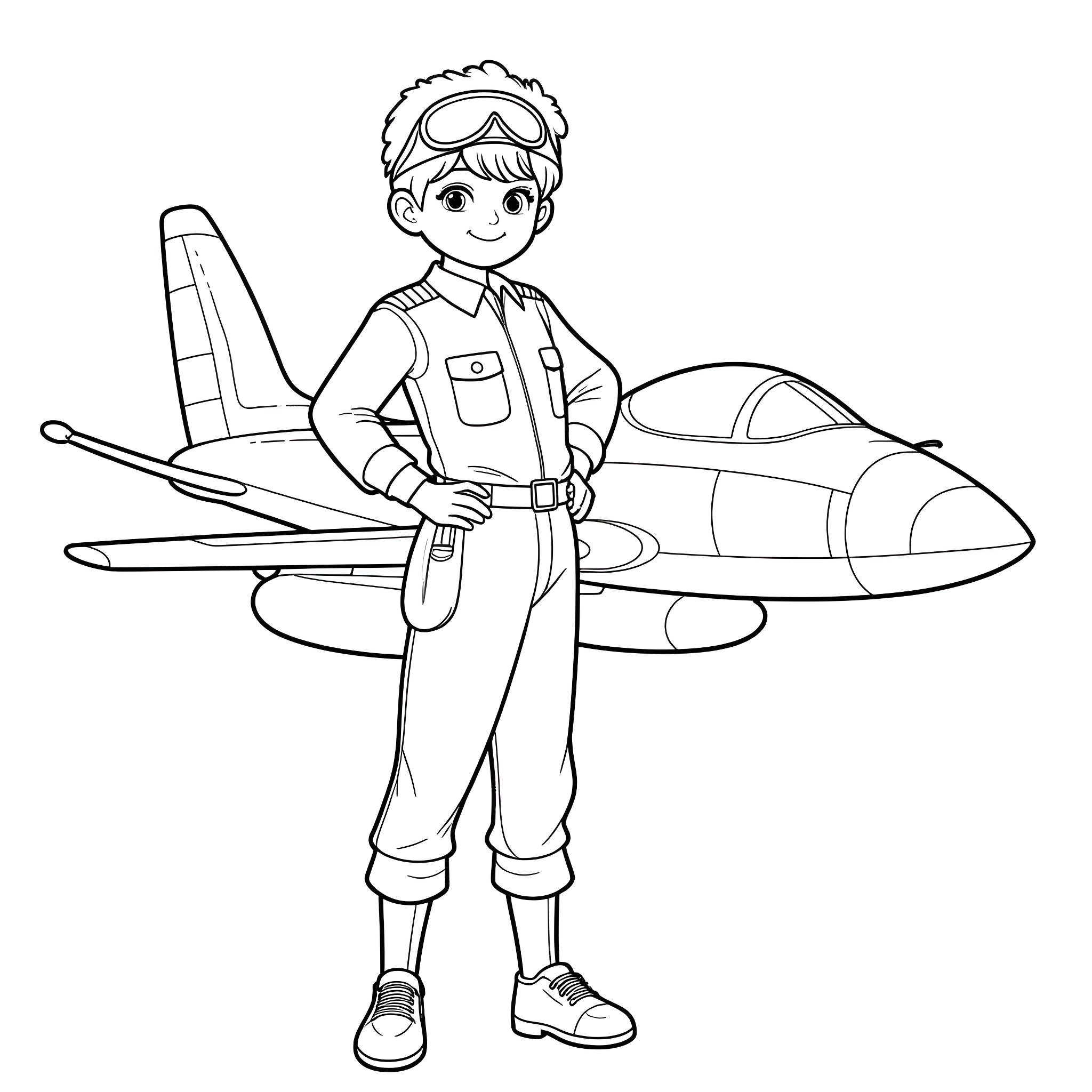Boy Pilot Proudly Stands by His Jet Plane Coloring Page (free black-and-white line drawing printable PDF for all, from beginners to advanced learners, including children, teens, adults, and seniors)