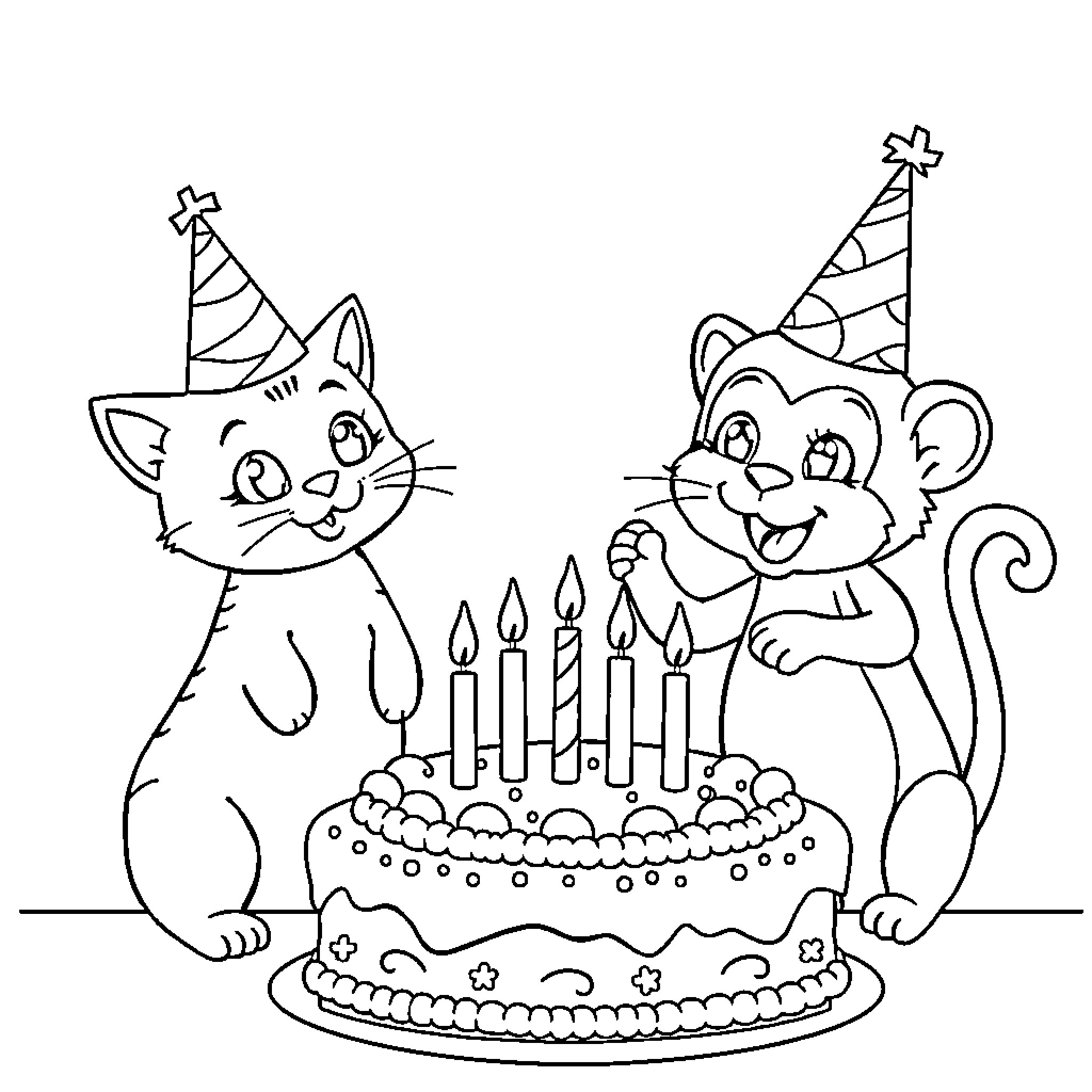 Cats Celebrating with Birthday Cake Coloring Page (free black-and-white line drawing printable PDF for all, from beginners to advanced learners, including children, teens, adults, and seniors)
