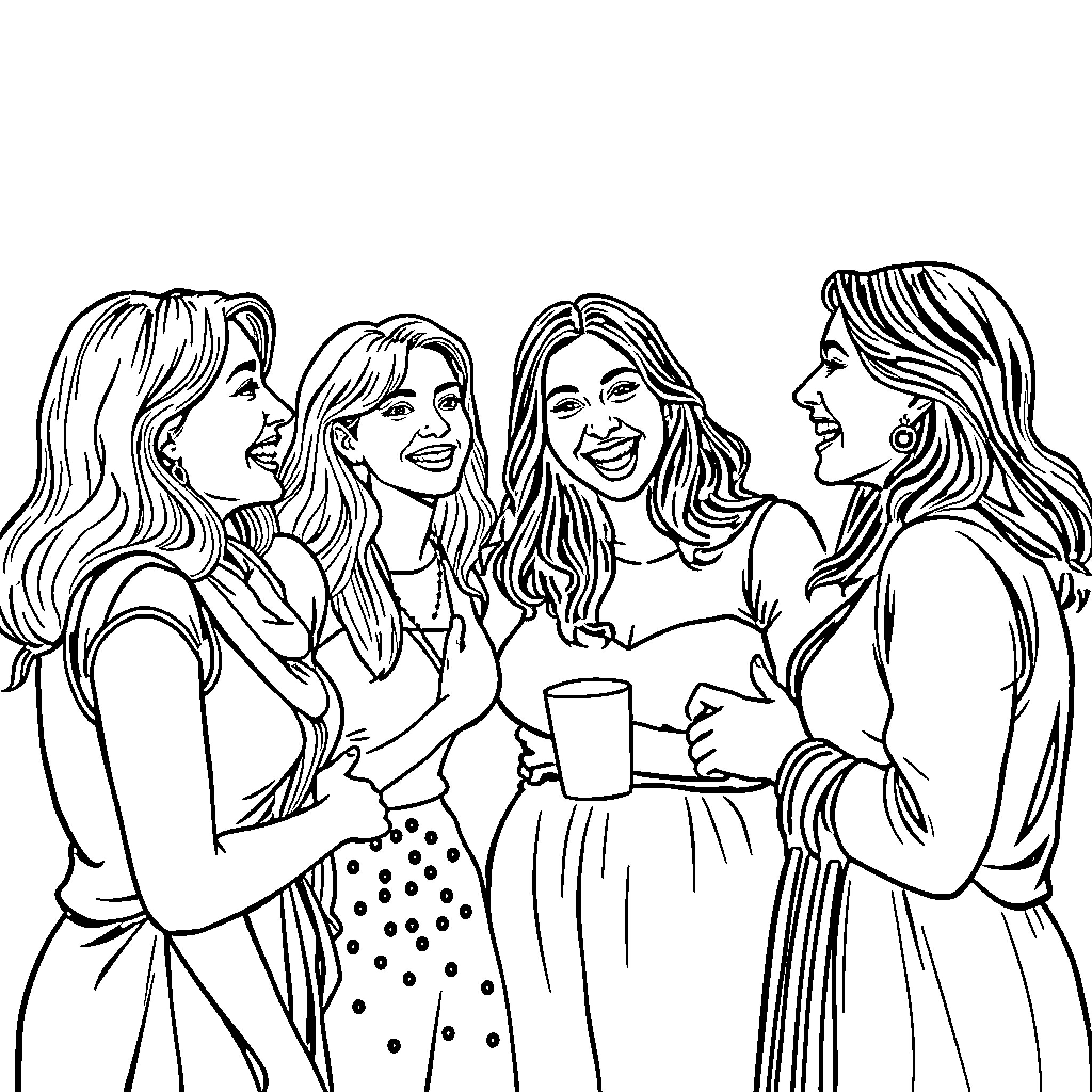 Woman enjoying conversation with friends in casual setting Coloring Page (free black-and-white line drawing printable PDF for all, from beginners to advanced learners, including children, teens, adults, and seniors)