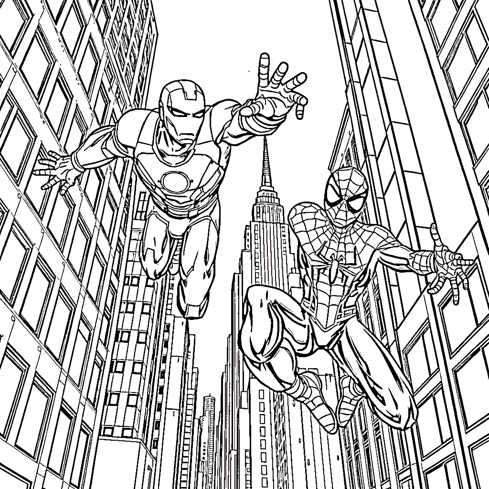 Iron Man and Spider-Man soaring over the city Coloring Page (free black-and-white line drawing printable PDF for all, from beginners to advanced learners, including children, teens, adults, and seniors)