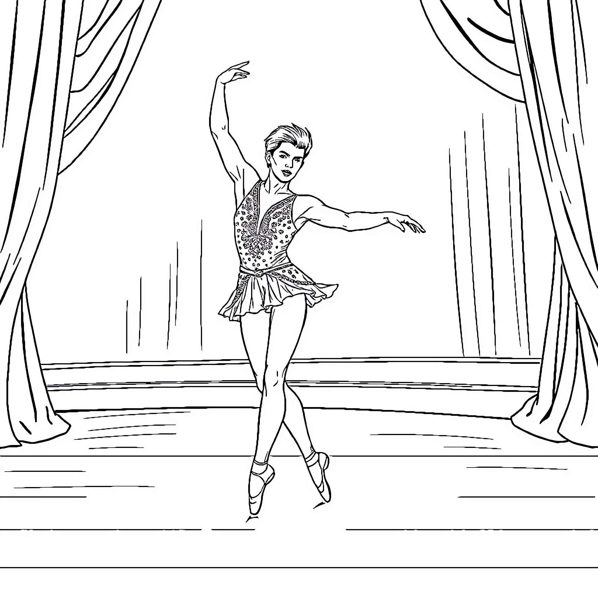 Christian Yelich performing graceful dance on stage Coloring Page (free black-and-white line drawing printable PDF for all, from beginners to advanced learners, including children, teens, adults, and seniors)