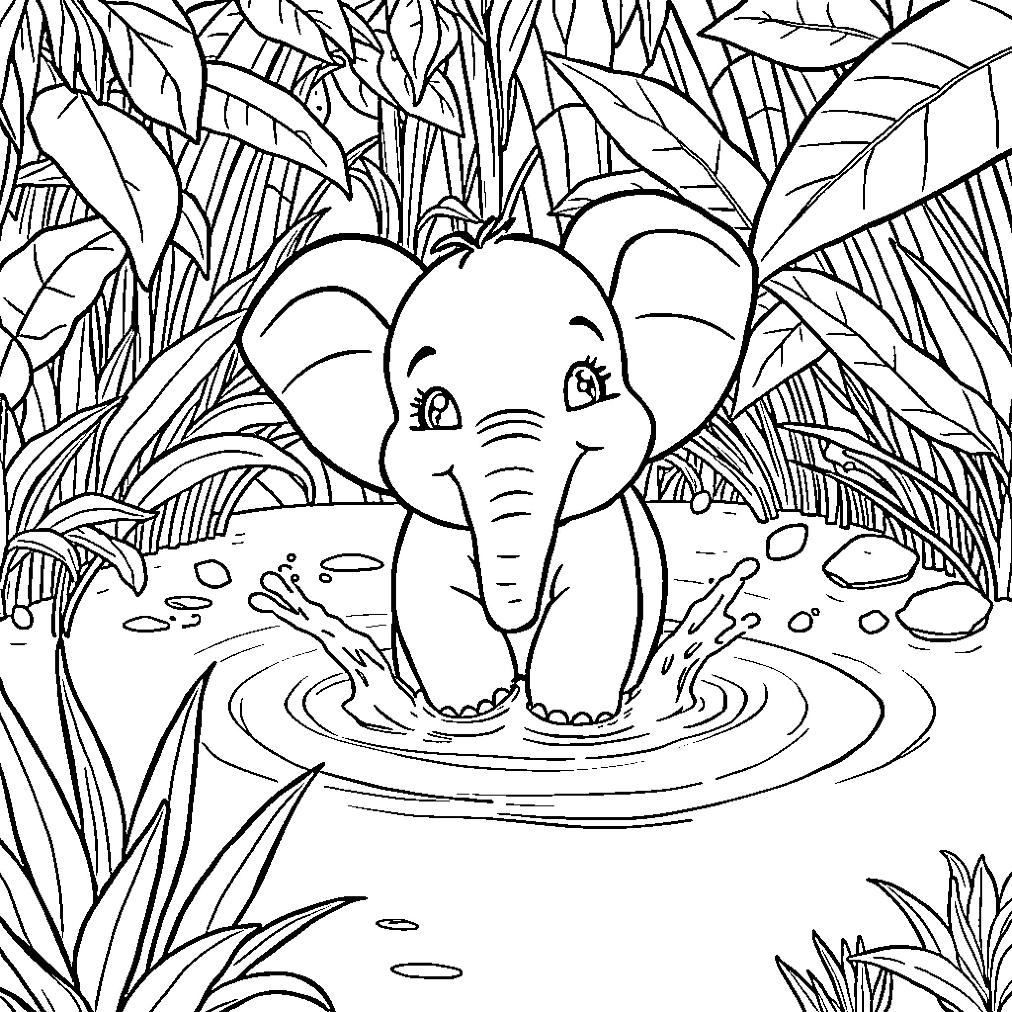Elephant playing joyfully in the lush jungle Coloring Page (free black-and-white line drawing printable PDF for all, from beginners to advanced learners, including children, teens, adults, and seniors)